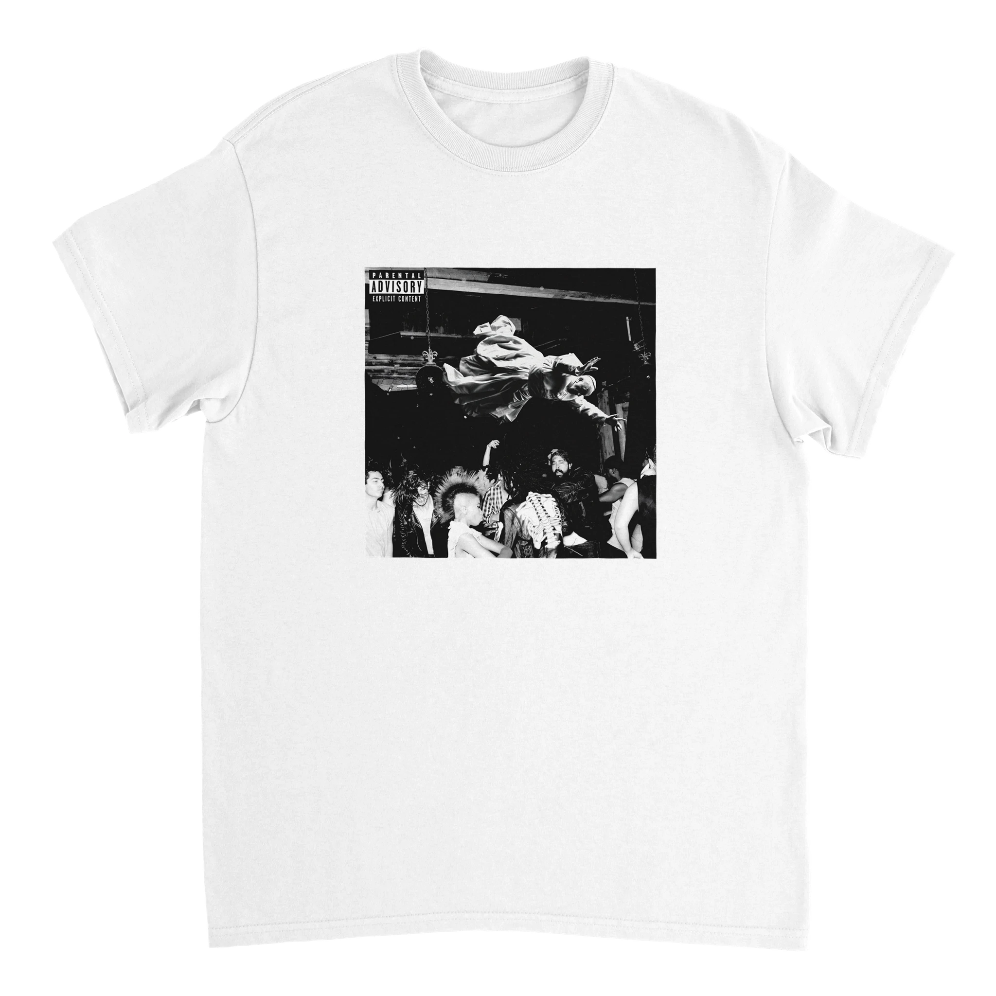 weißes T-Shirt mit einem Foto von Papst Franziskus wie er auf dem Album Cover von Die Lit corwdsurfed