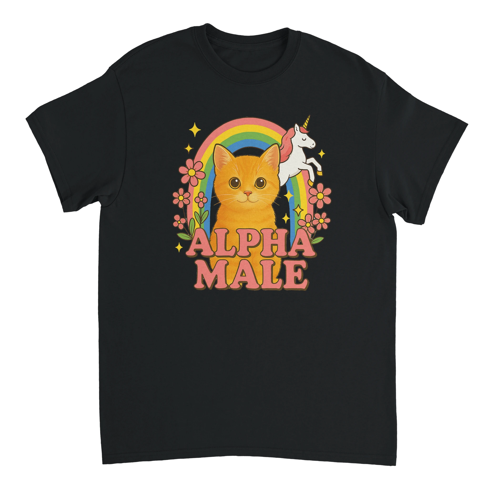 Alpha Male Meme T-Shirt mit einer Katze und einem Einhorn vor einem Regenbogen in schwarz