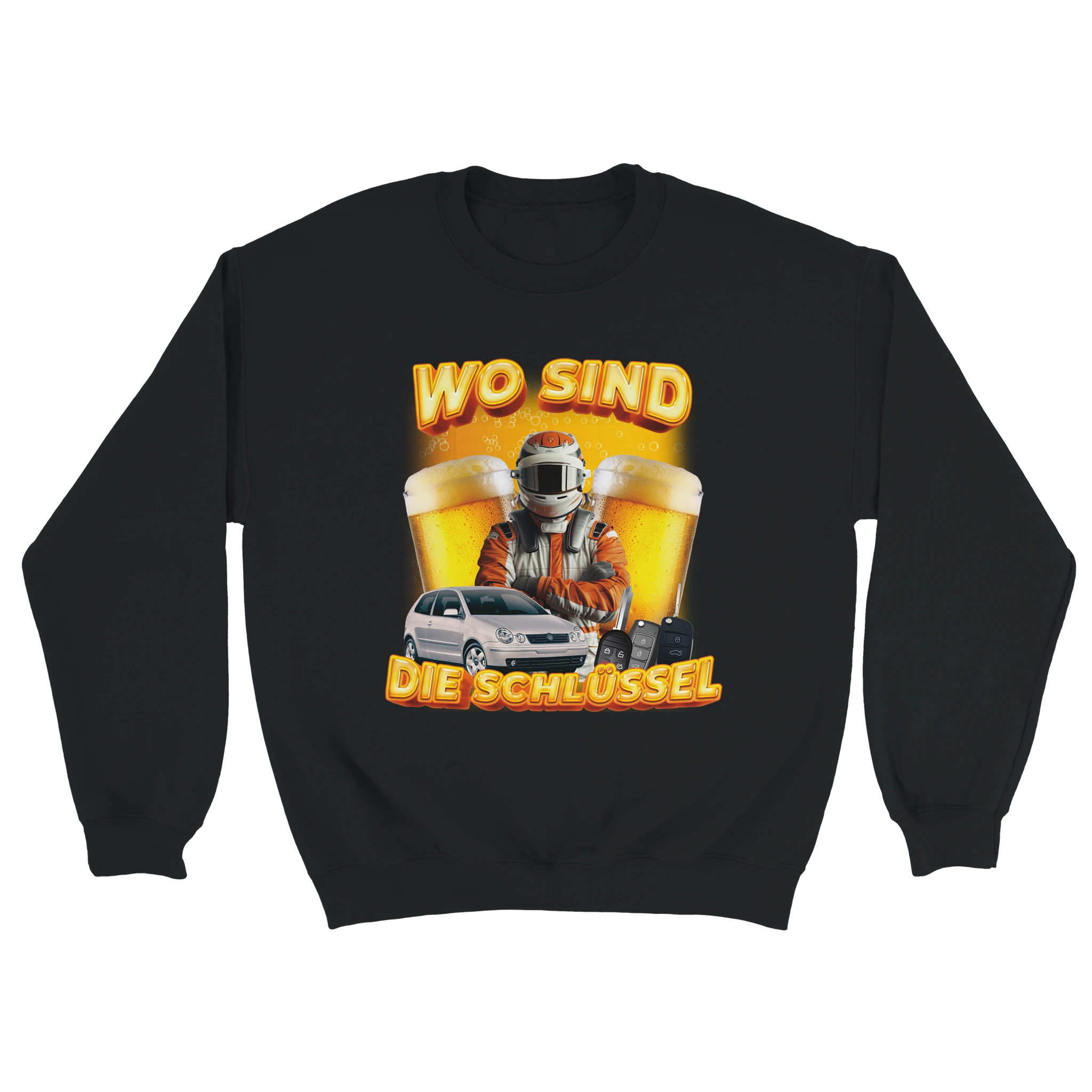 schwarzer Wo sind die Schlüssel Sweater mit Bier im Hintergrund und einem Rennfahrer im Vordergrund