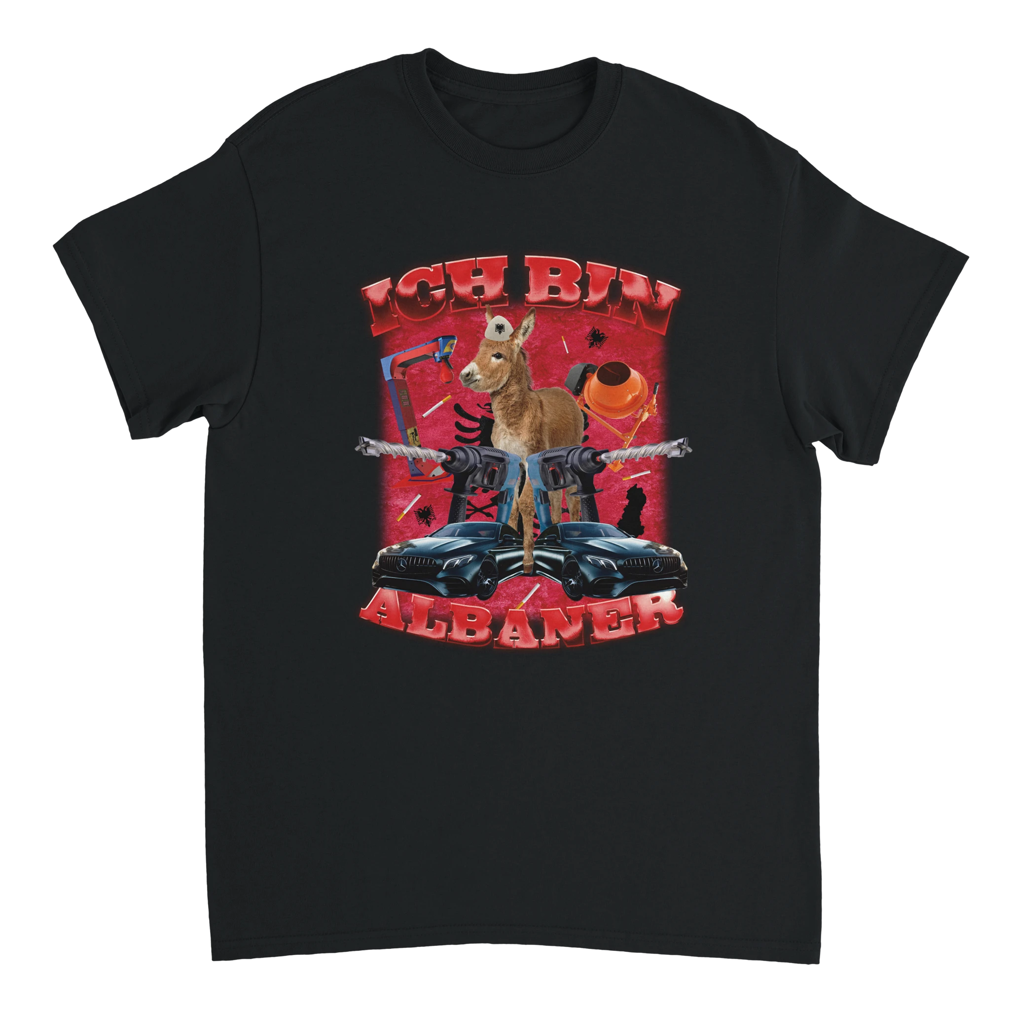 schwarzes Meme T-Shirt mit der Aufschrift Ich bin Albaner und zwei Mercedesen sowie einem Esel