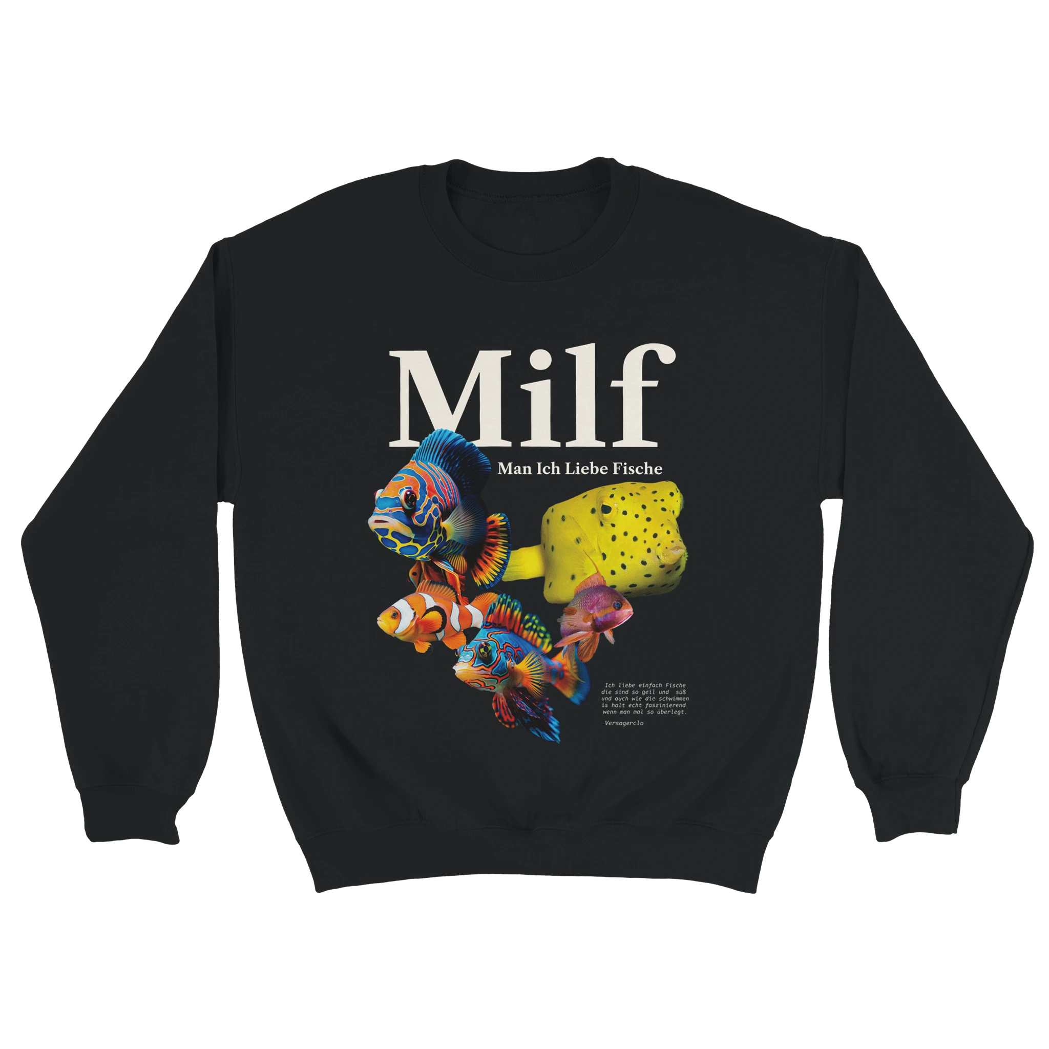 schwarzer Sweater mit der Aufschrift MILF man ich liebe Fische und vielen Fischen.