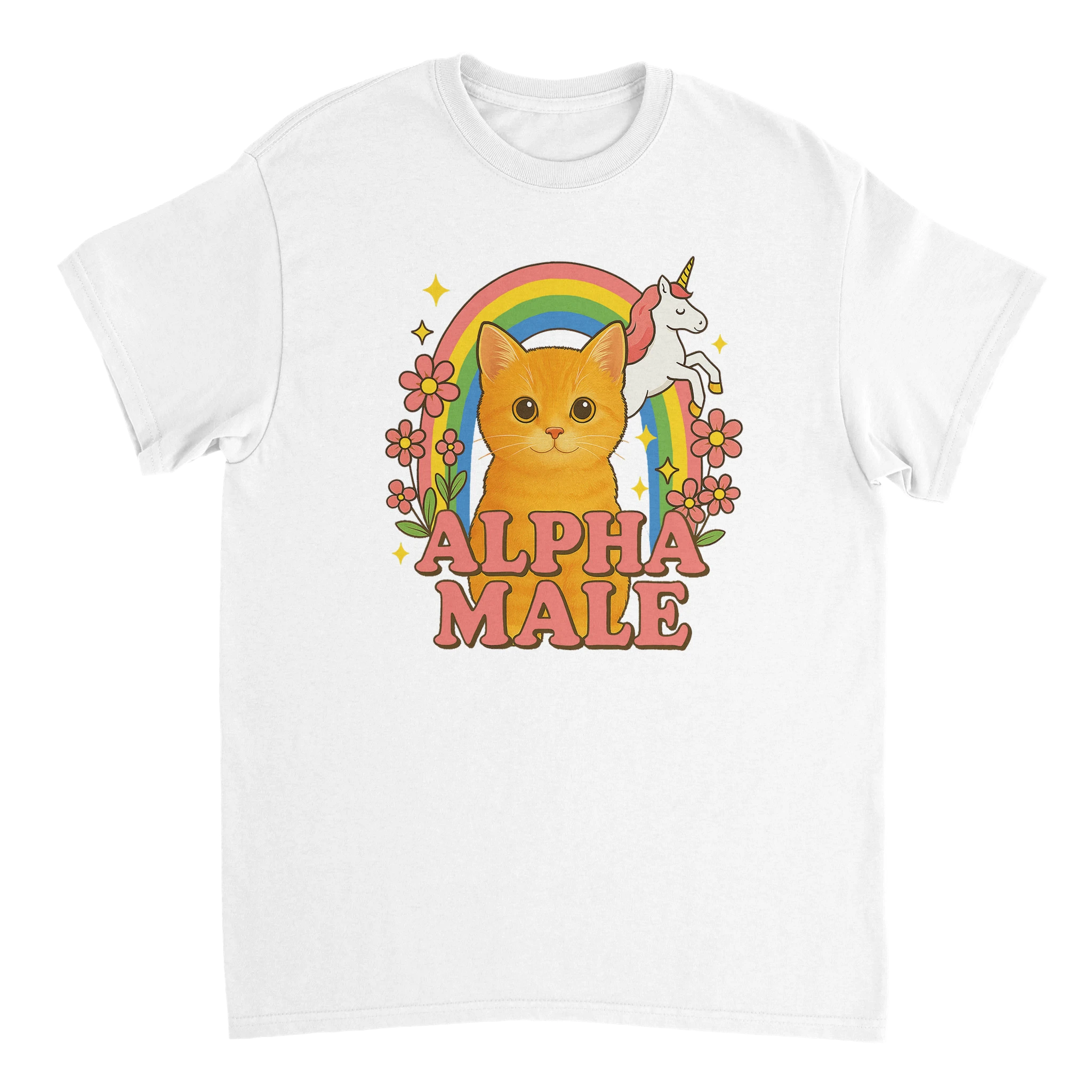 Alpha Male Meme T-Shirt mit einer Katze und einem Einhorn vor einem Regenbogen in weiß