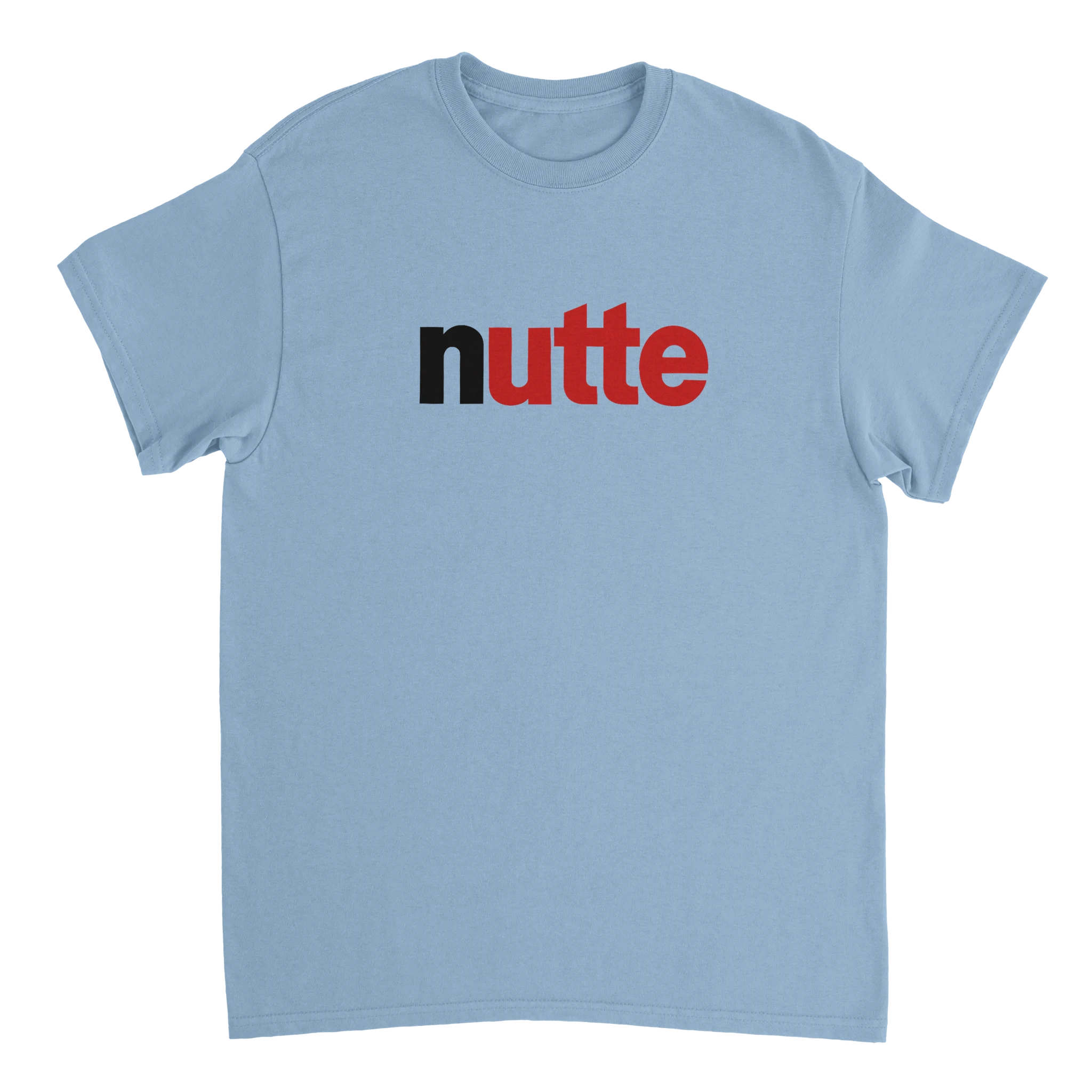 hellblaues Meme T-Shirt mit dem Aufdruck Nutte mit schwarzroter Schrift