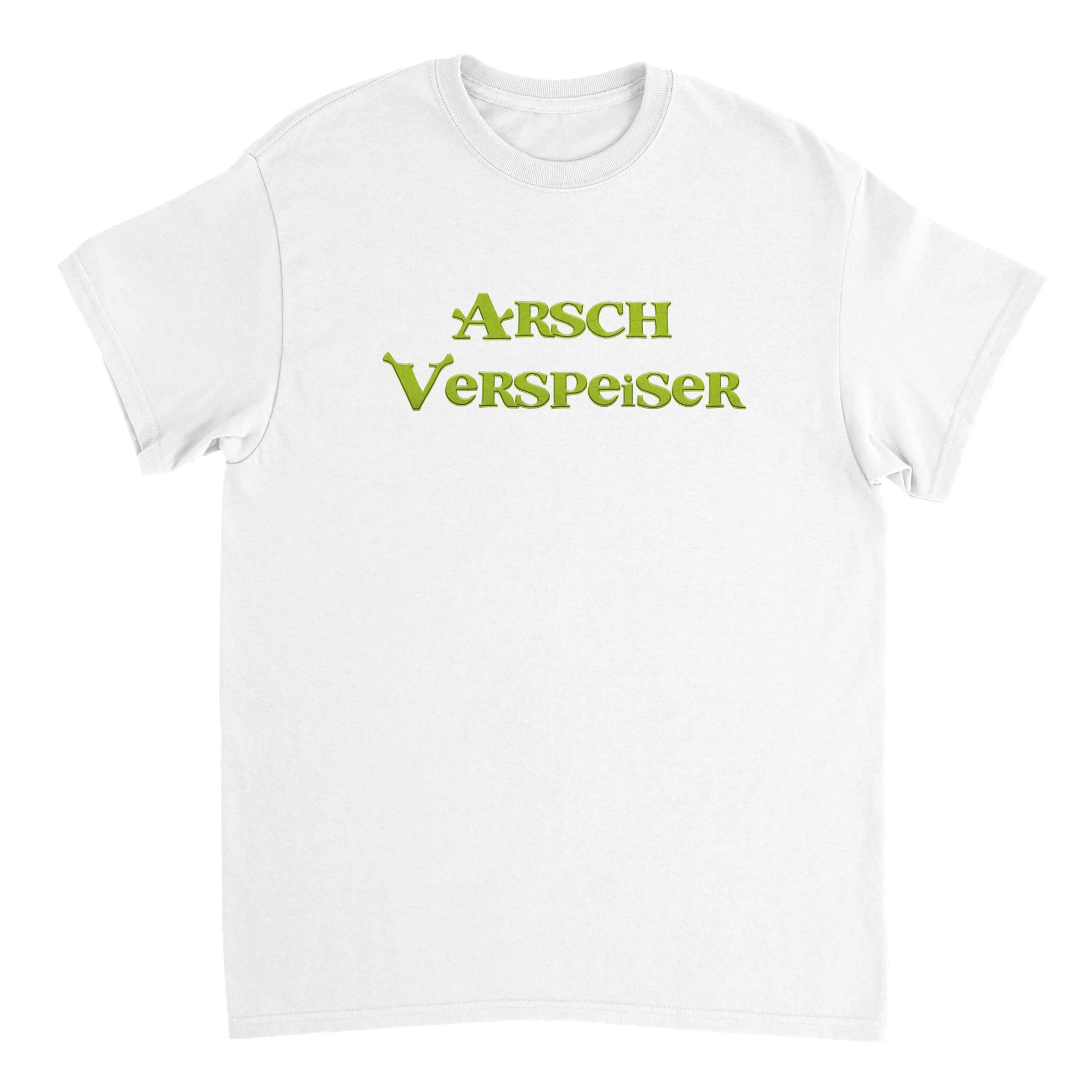 weißes T-Shirt mit der Aufschrift Arsch Verspeiser im Shrek Style