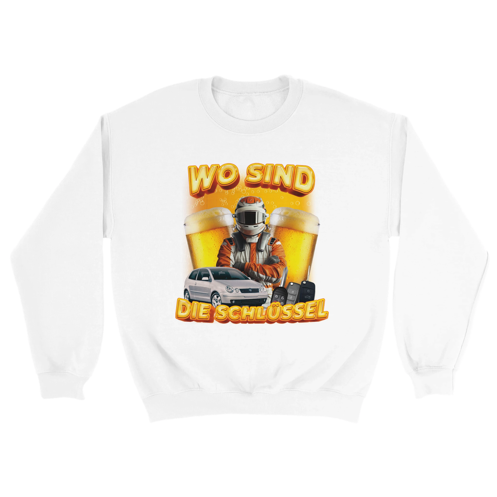 weißer Wo sind die Schlüssel Sweater mit Bier im Hintergrund und einem Rennfahrer im Vordergrund