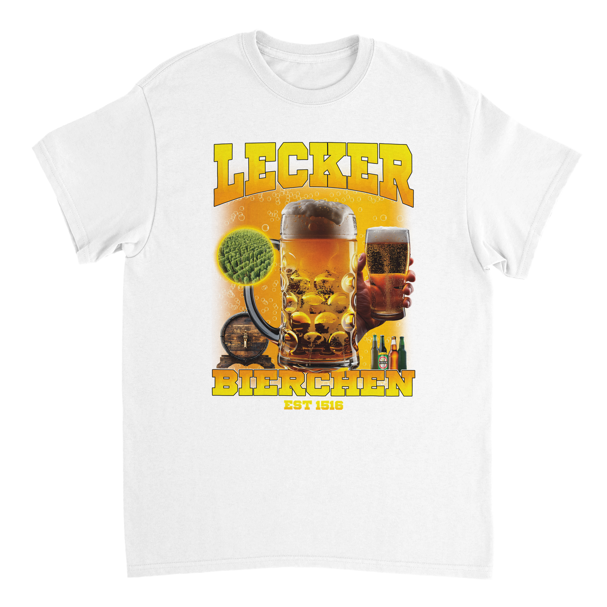 weißes T-Shirt mit der Aufschrift Lecker Bierchen