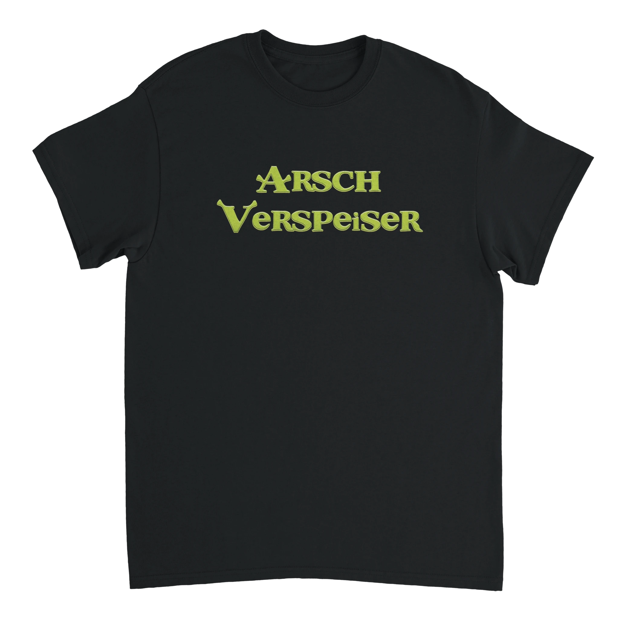 schwarzes T-Shirt mit der Aufschrift Arsch Verspeiser im Shrek Style