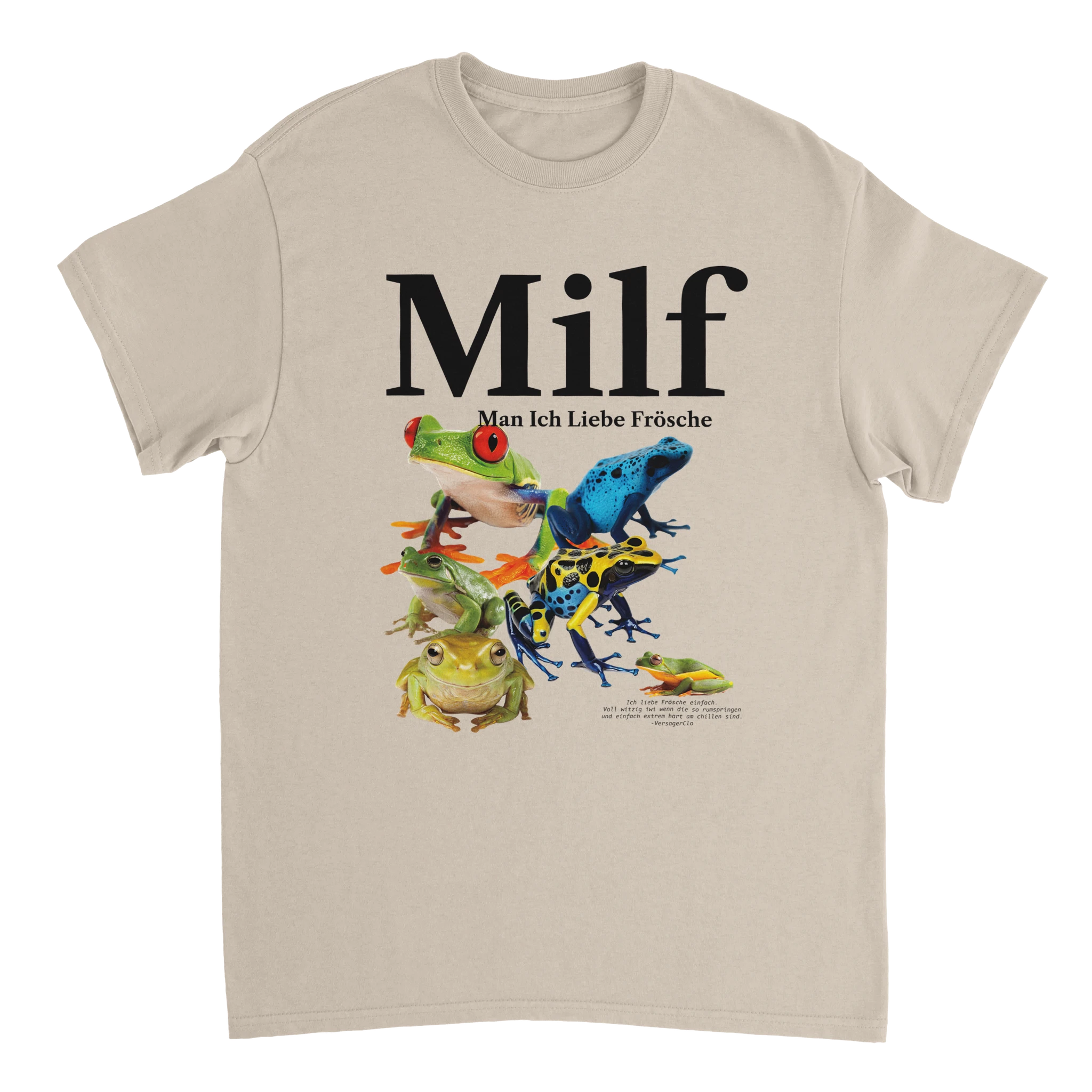 Sandfarbenes Meme T-Shirt mit der Aufschrift Milf, Man Ich Liebe Frösche und abgebildeten Fröschen