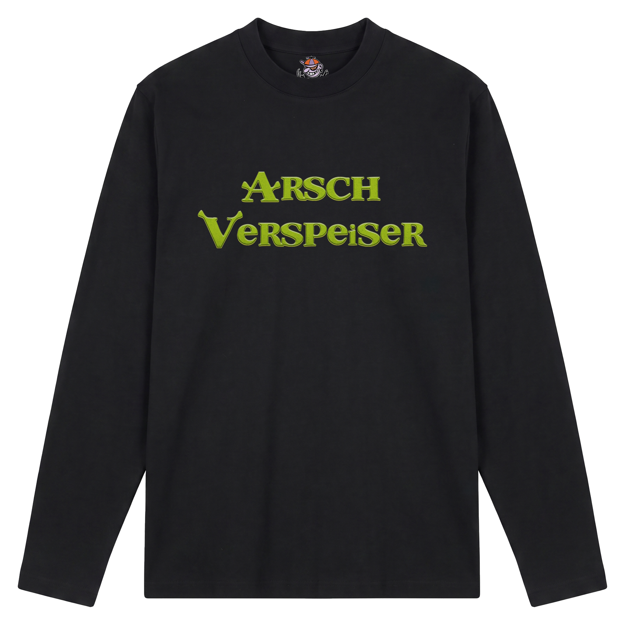 Produktbild schwarzes Longsleeve mit der Aufschrift "Arsch Verspeiser"