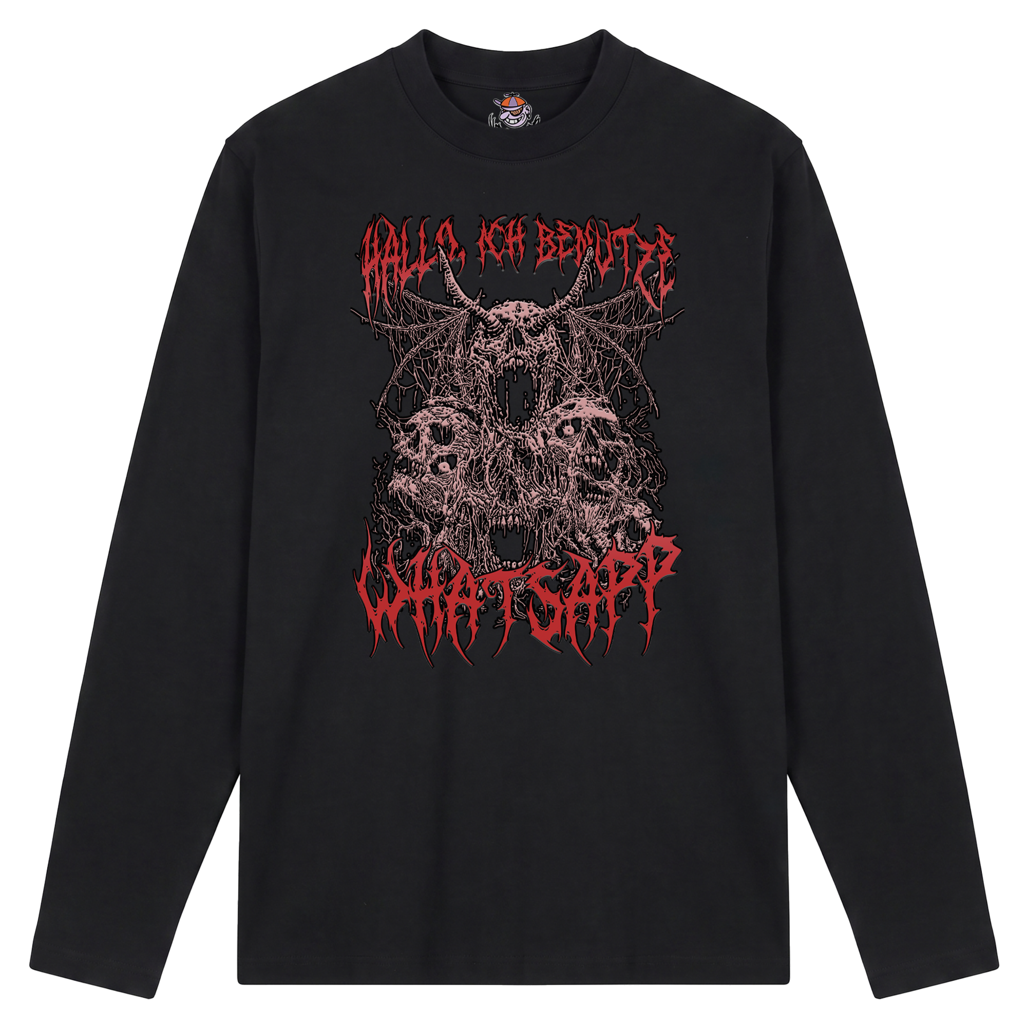Schwarzes Longsleeve mit der Auschrift "Hallo, Ich benutze Whatsapp" im Death Metal Style