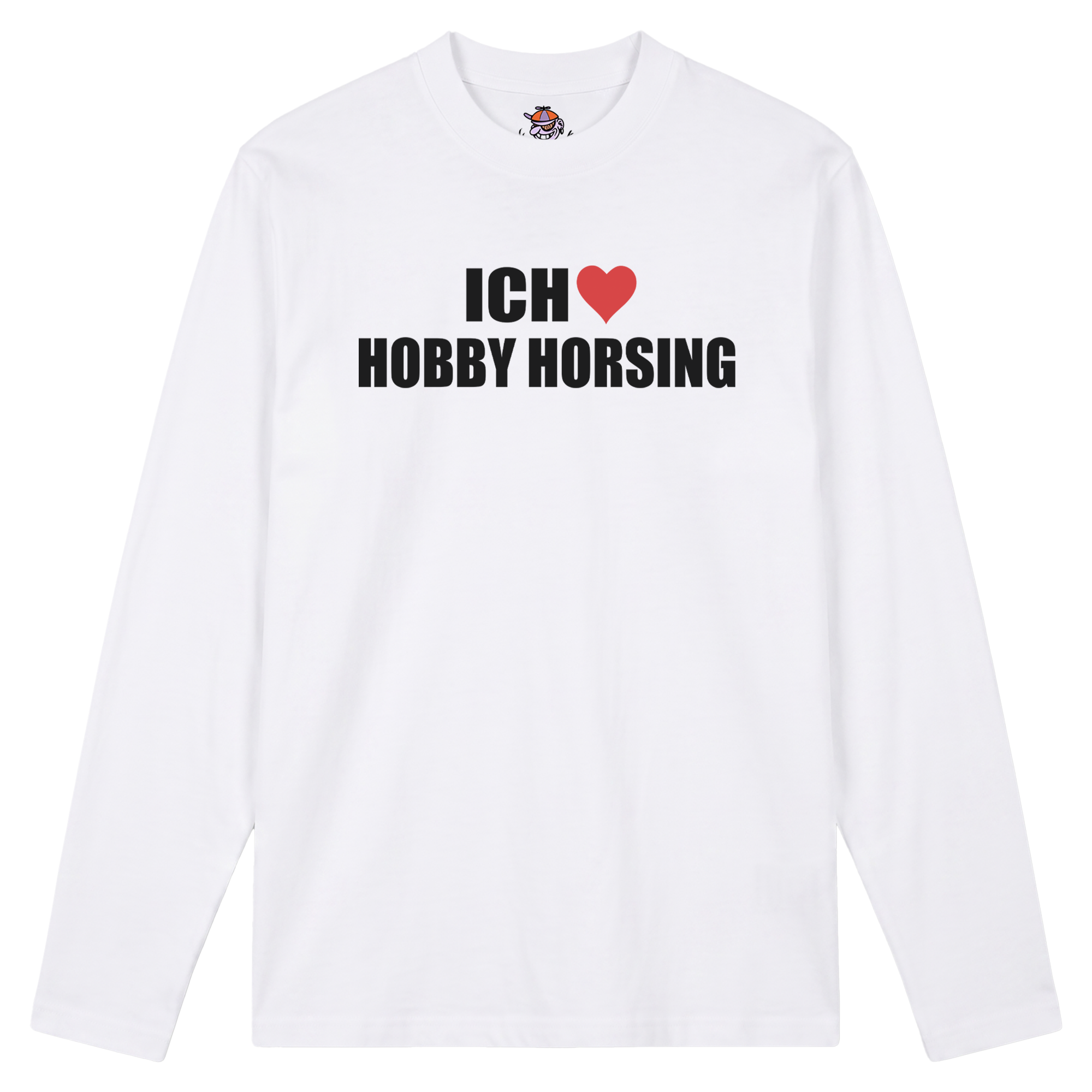 Produktbild weißes Longsleeve mit der Aufschrift "Ich liebe Hobby Horsing"