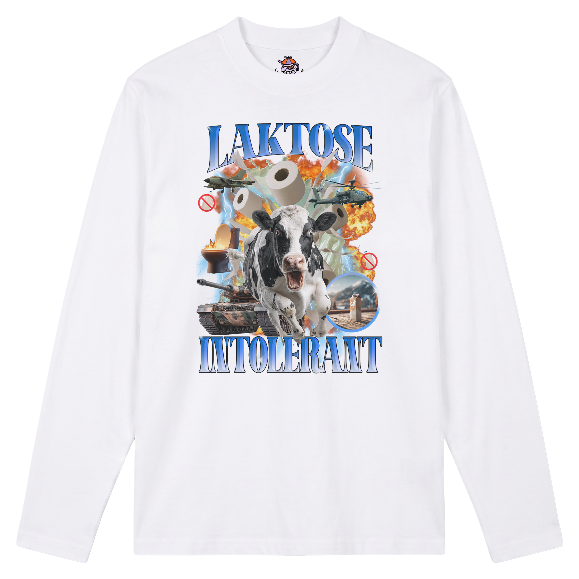 Produktbild weißes Longsleeve mit der Aufschrift "Laktose Intolerant" mit einer Kuh, die vor einer Explosion abhaut