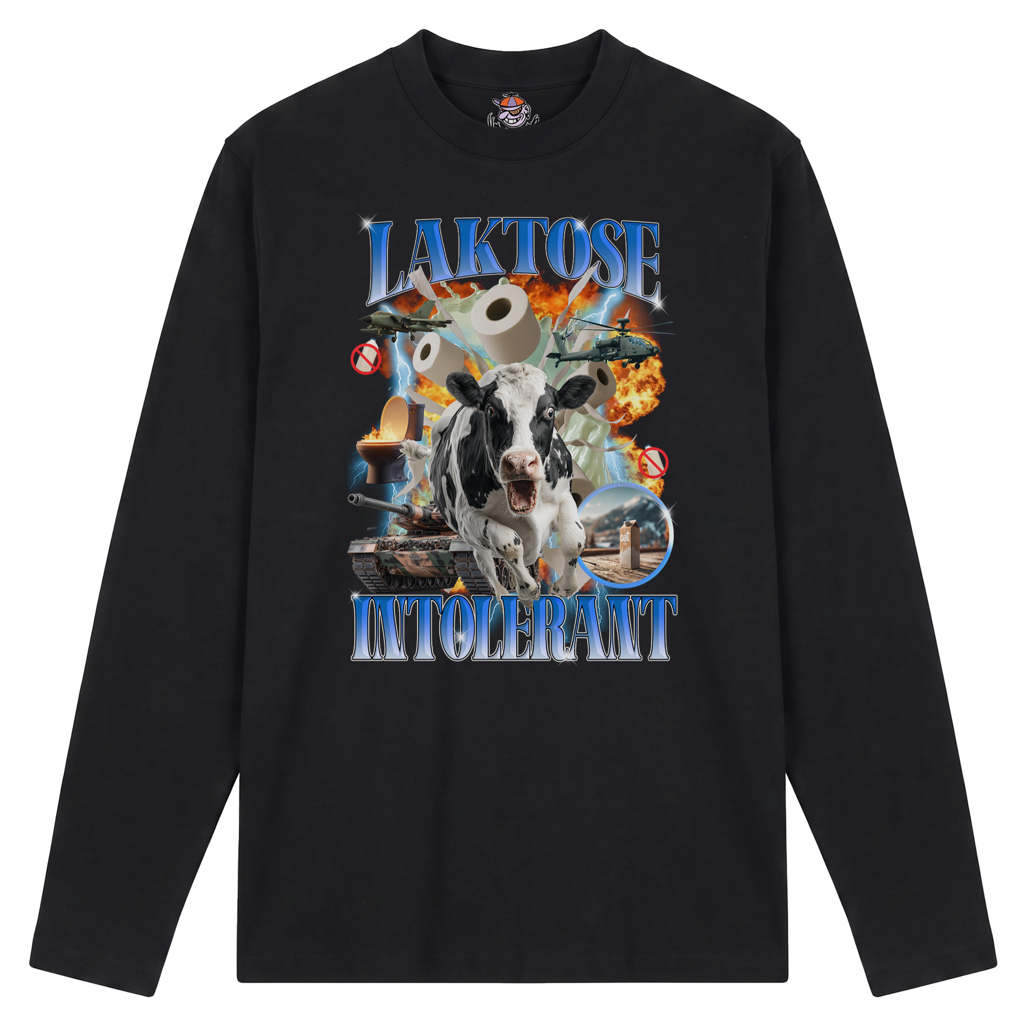 Produktbild schwarzes Longsleeve mit der Aufschrift "Laktose Intolerant" mit einer Kuh, die vor einer Explosion abhaut