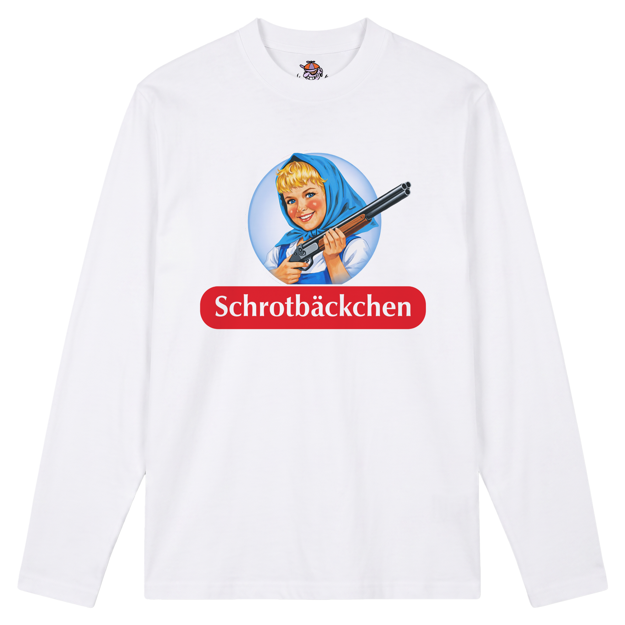 Produktbild Weißes Longsleeve mit der Aufschrift "Schrotbäckchen"