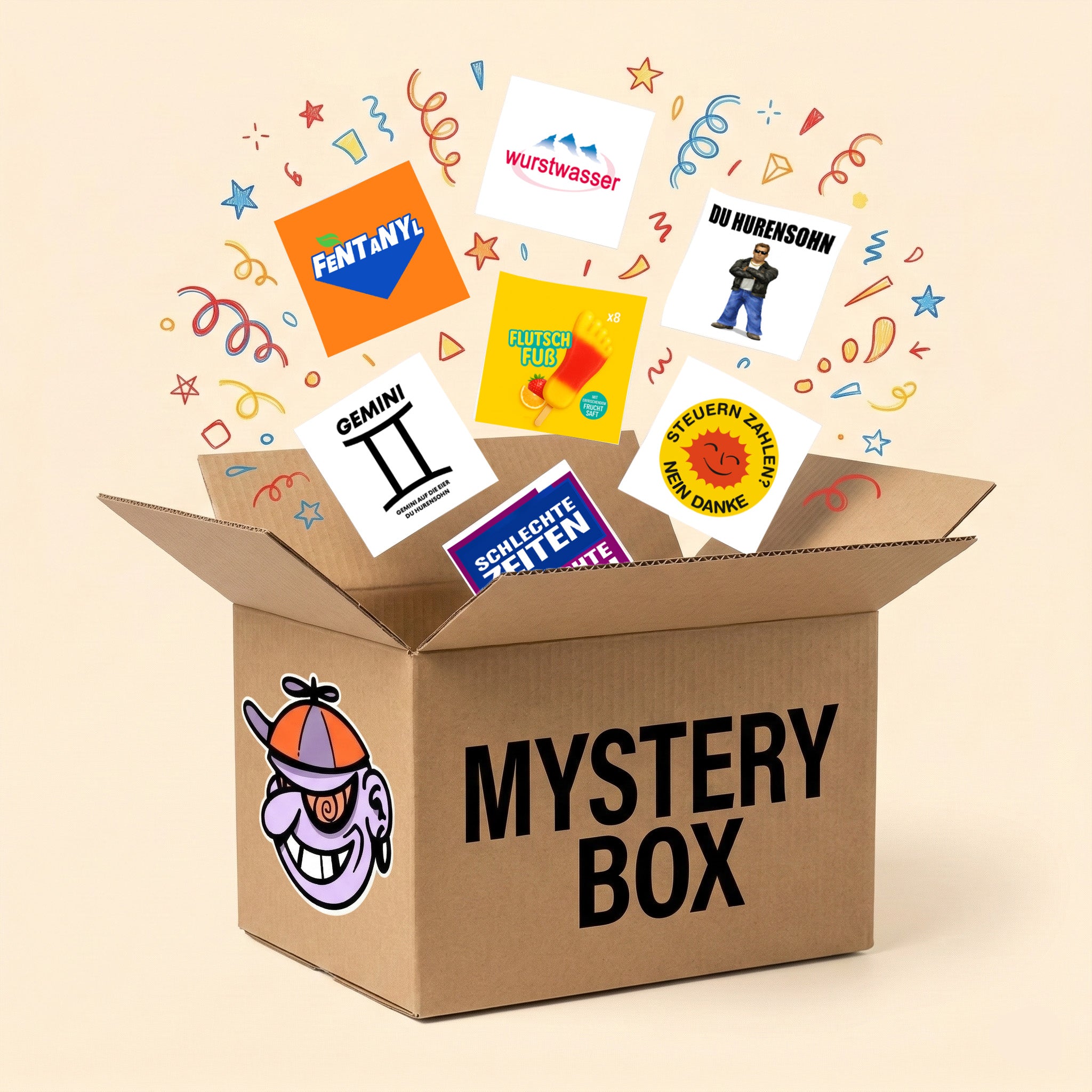 Karton mit fliegenden Stickern und fliegendem Konfetti