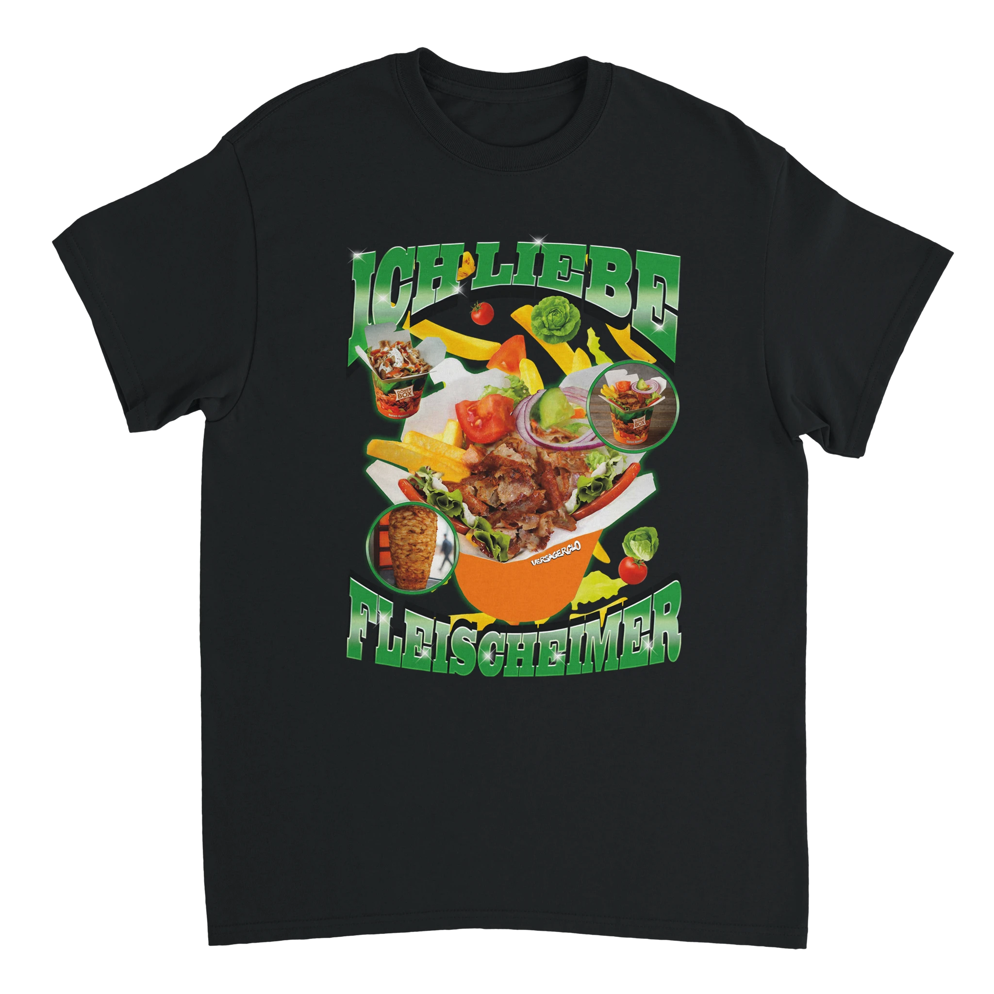 Ich liebe Fleischeimer T-Shirt mit einer abgebildeten Dönerbox und fliegenden Pommes im HIntergrund
