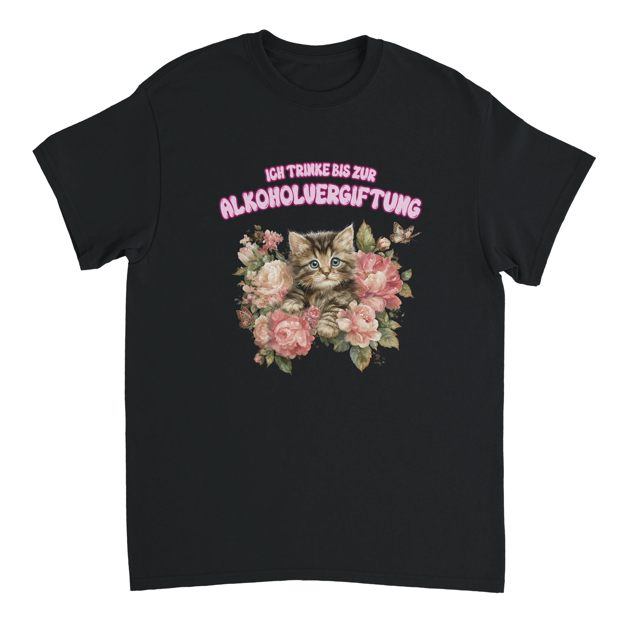 schwarzes Ich trinke bis zur Alkoholvergiftung T-Shirt mit einer Katze
