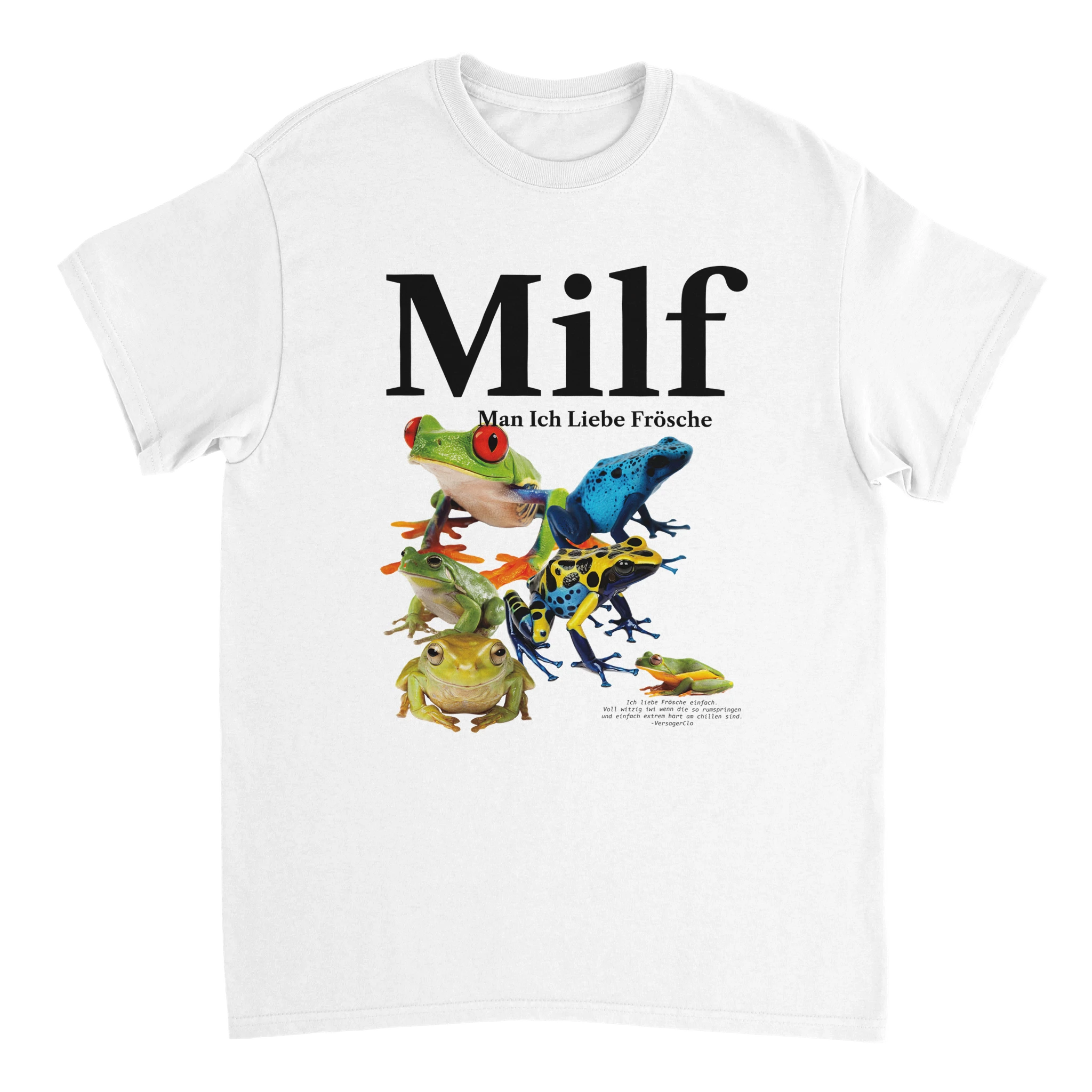 Weißes Meme T-Shirt mit der Aufschrift Milf, Man Ich Liebe Frösche und abgebildeten Fröschen