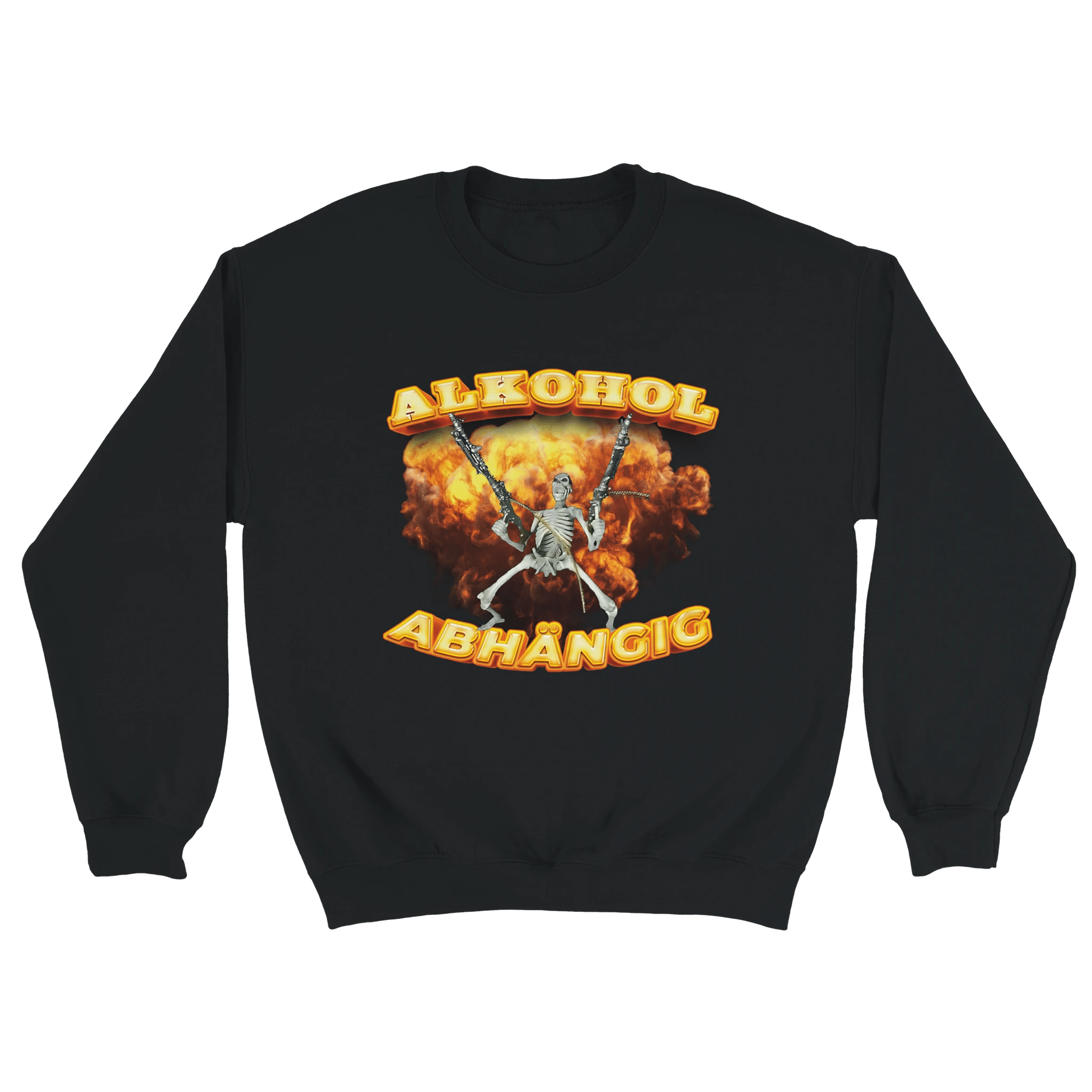 schwarzer Sweater mit Skelett mit zwei Pistiolen vor einer Explosion mit der Schrift Alkohol Abhängig