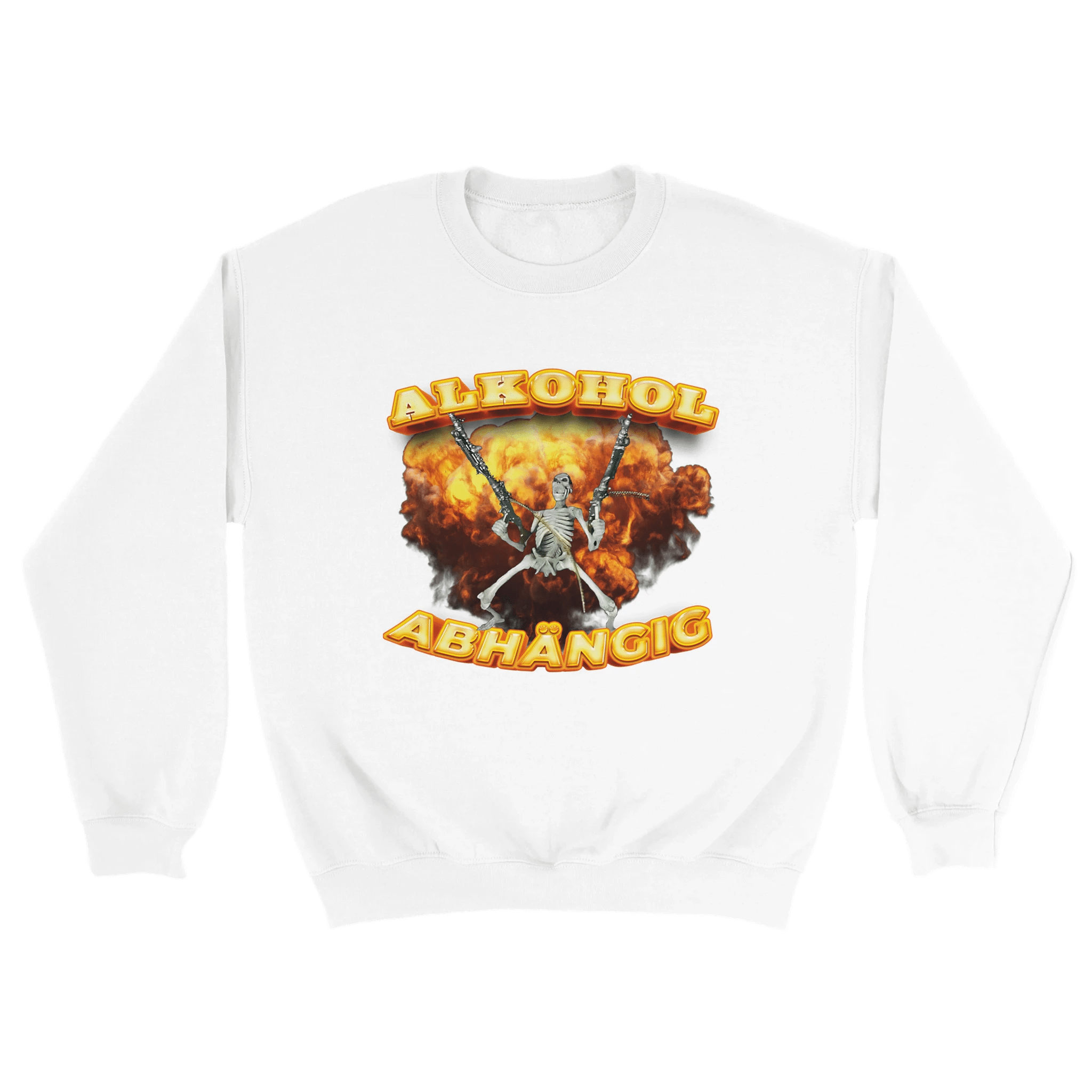 weißer Sweater mit Skelett mit zwei Pistiolen vor einer Explosion mit der Schrift Alkohol Abhängig