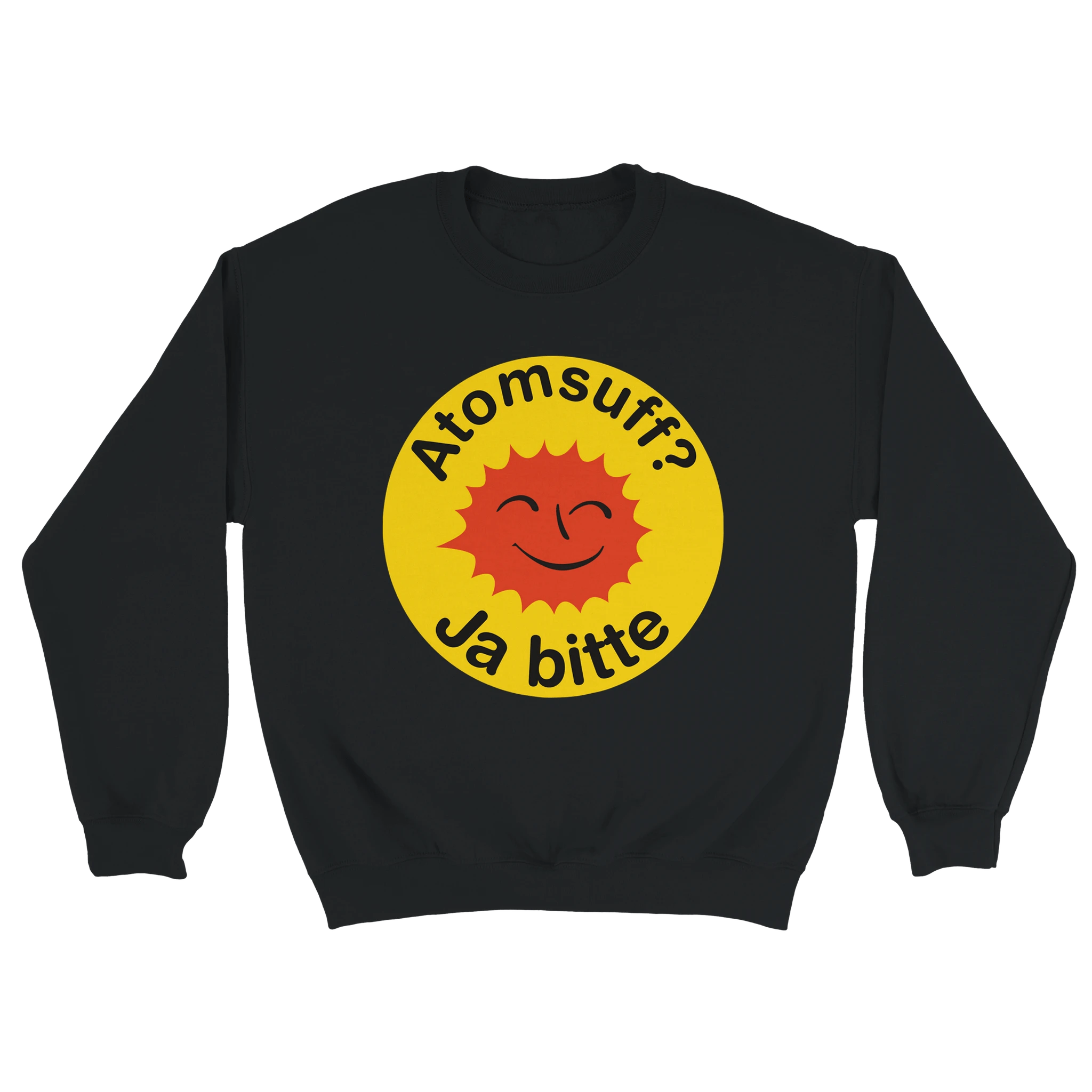 schwarzer Sweater mit der Aufschrift Atomsuff? Ja bitte im style des Atomkraft Nein Danke Logos