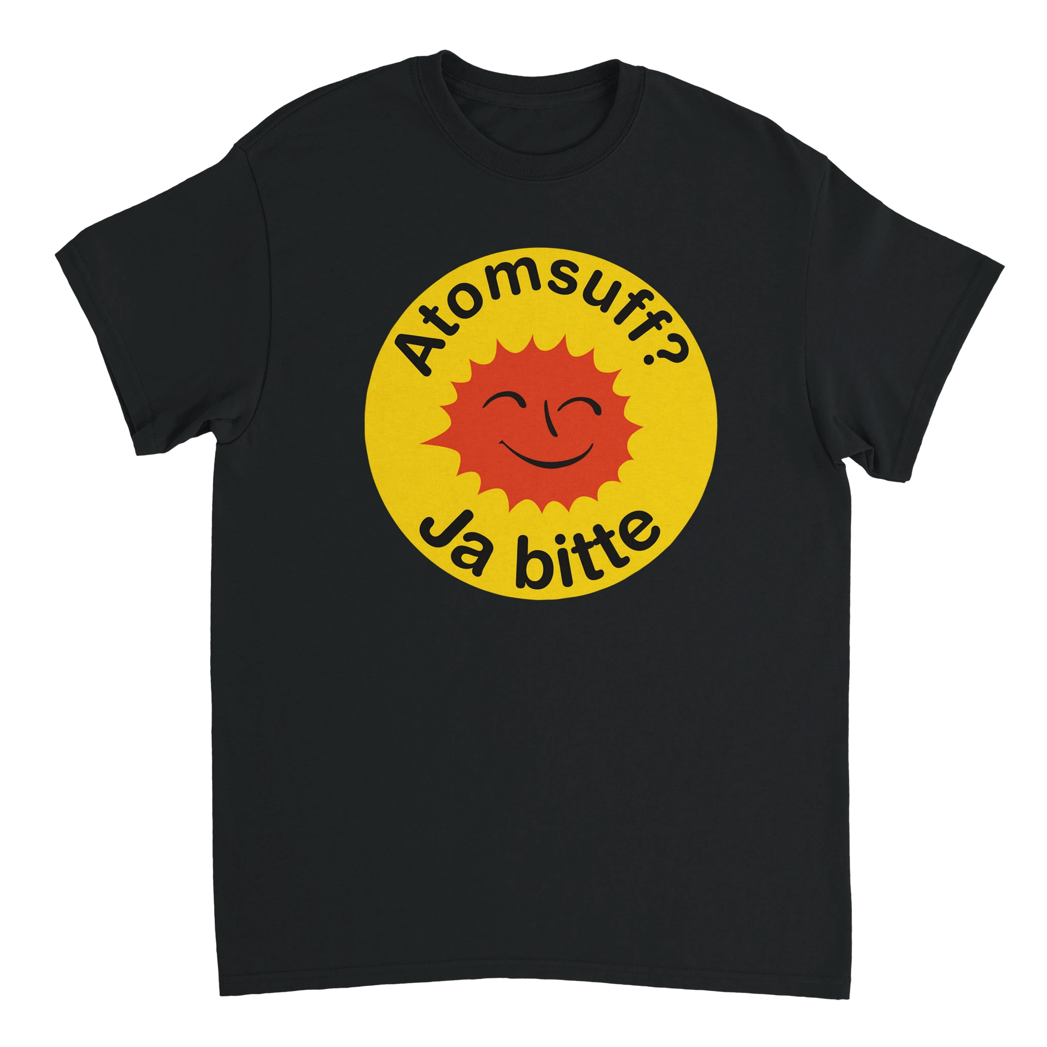 schwarzes T-Shirt mit der Aufschrift Atomsuff? Ja bitte im style des Atomkraft Nein Danke Logos