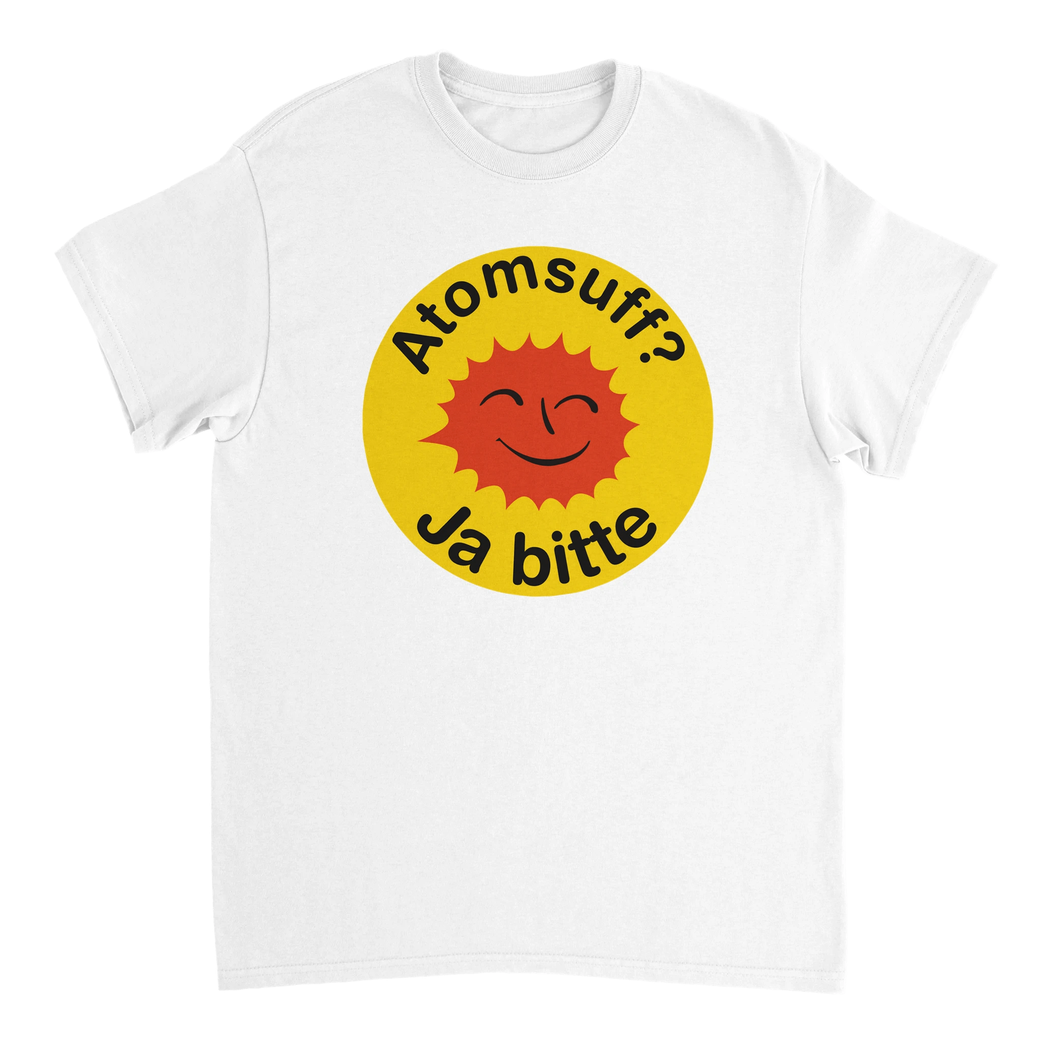 weißes T-Shirt mit der Aufschrift Atomsuff? Ja bitte im style des Atomkraft Nein Danke Logos