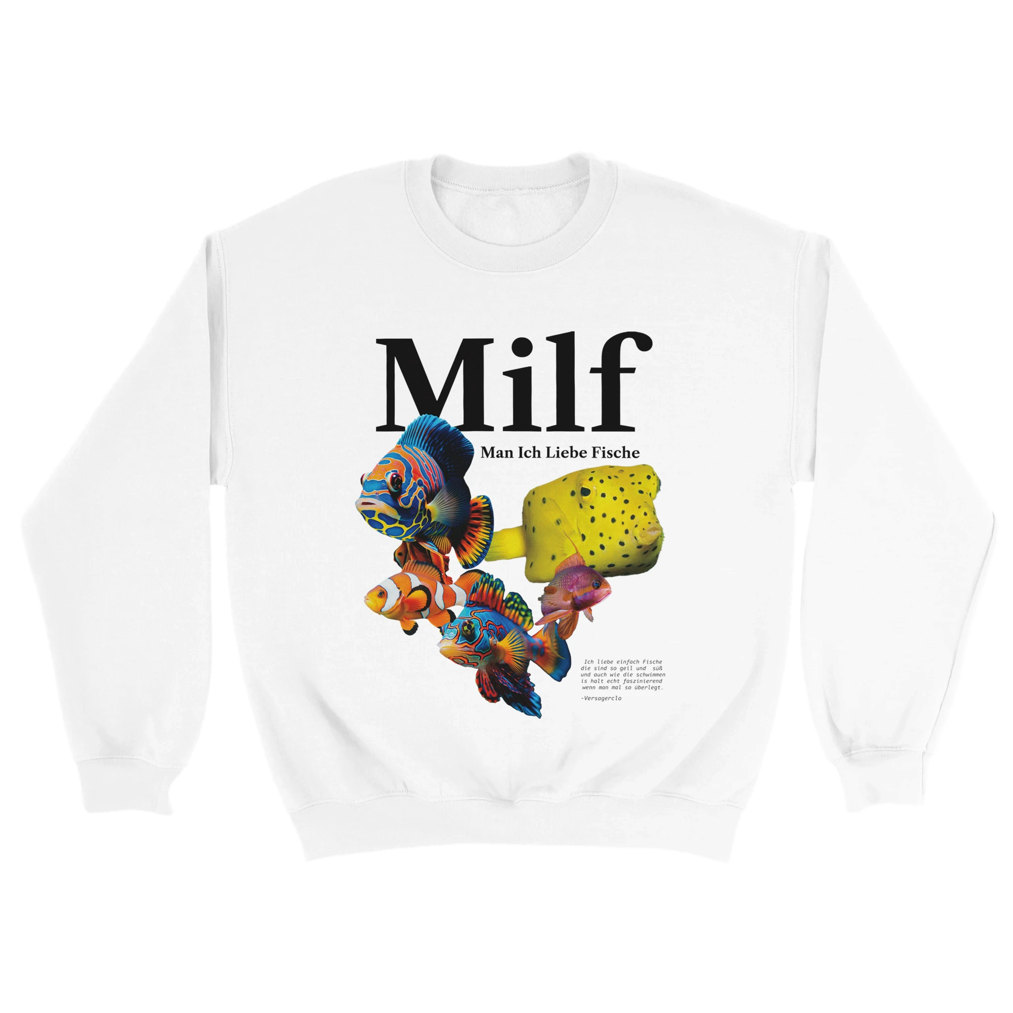 weißer Sweater mit der Aufschrift MILF man ich liebe Fische und vielen Fischen.