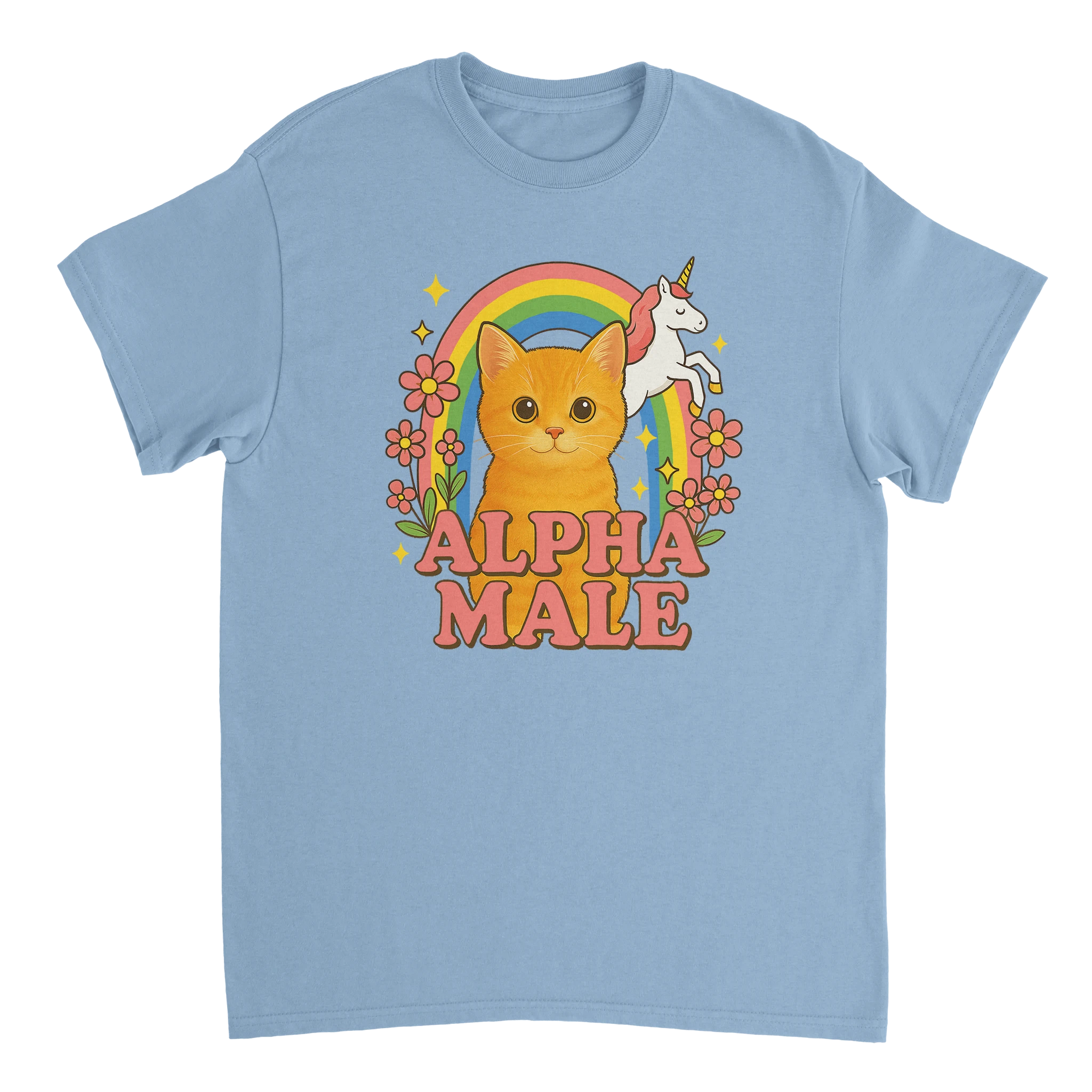 Alpha Male Meme T-Shirt mit einer Katze und einem Einhorn vor einem Regenbogen in hellblau
