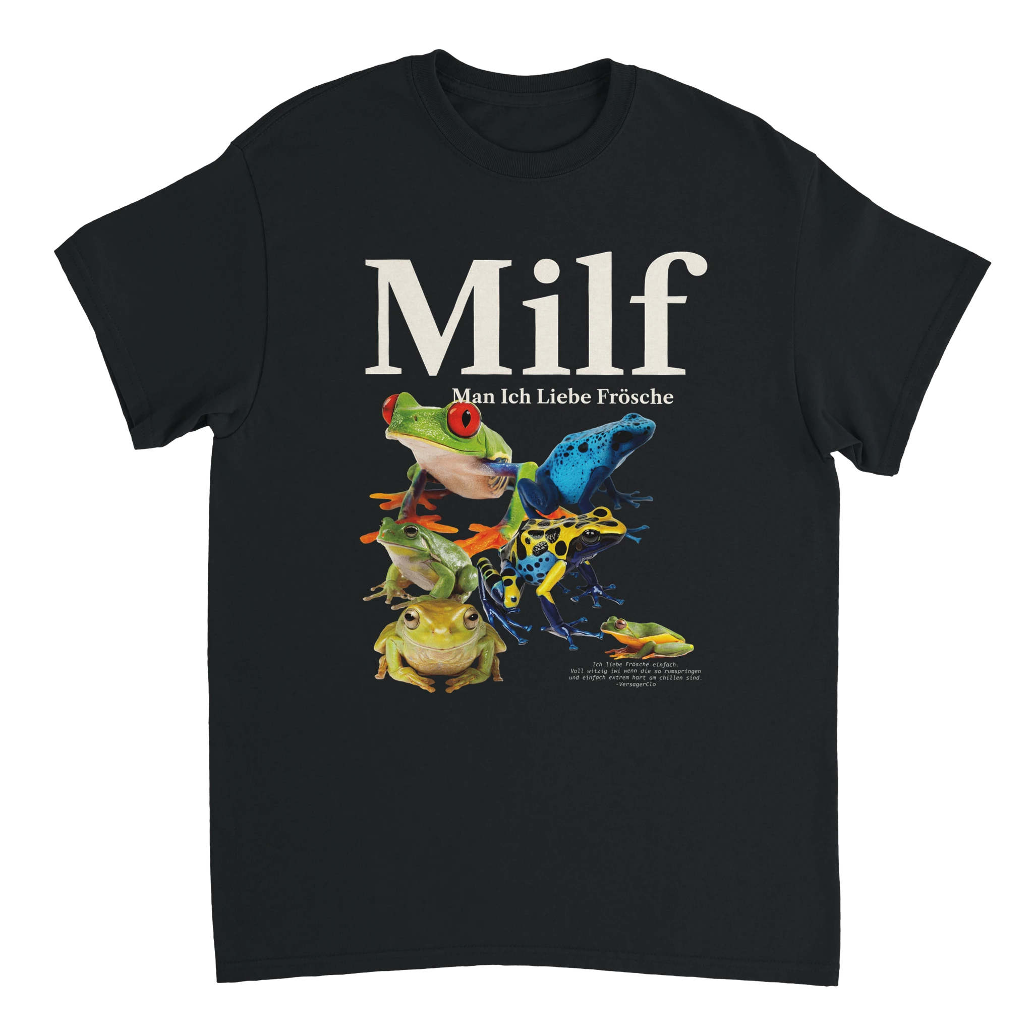 Schwarzes Meme T-Shirt mit der Aufschrift Milf, Man Ich Liebe Frösche und abgebildeten Fröschen