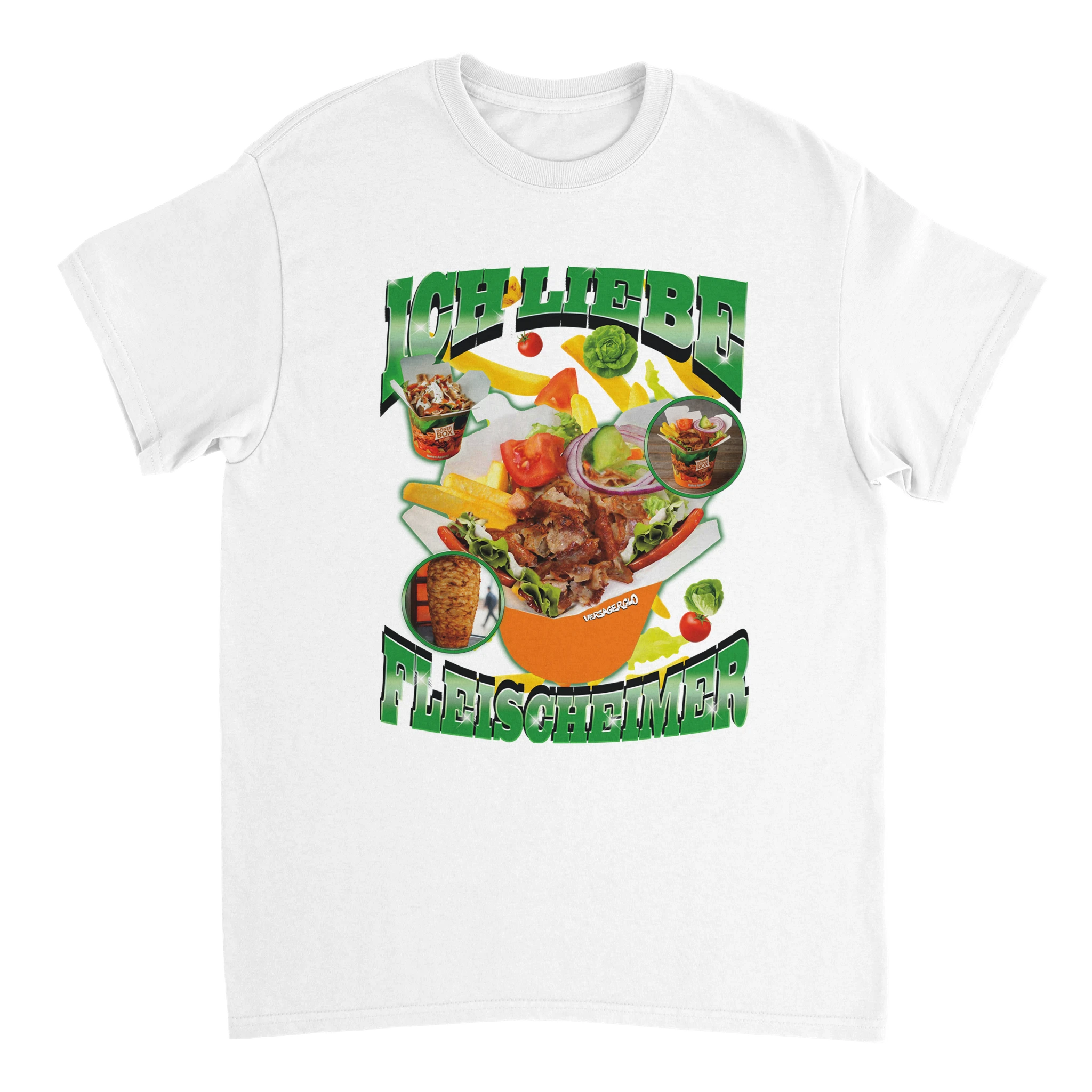 Ich liebe Fleischeimer T-Shirt mit einer abgebildeten Dönerbox und fliegenden Pommes im HIntergrund