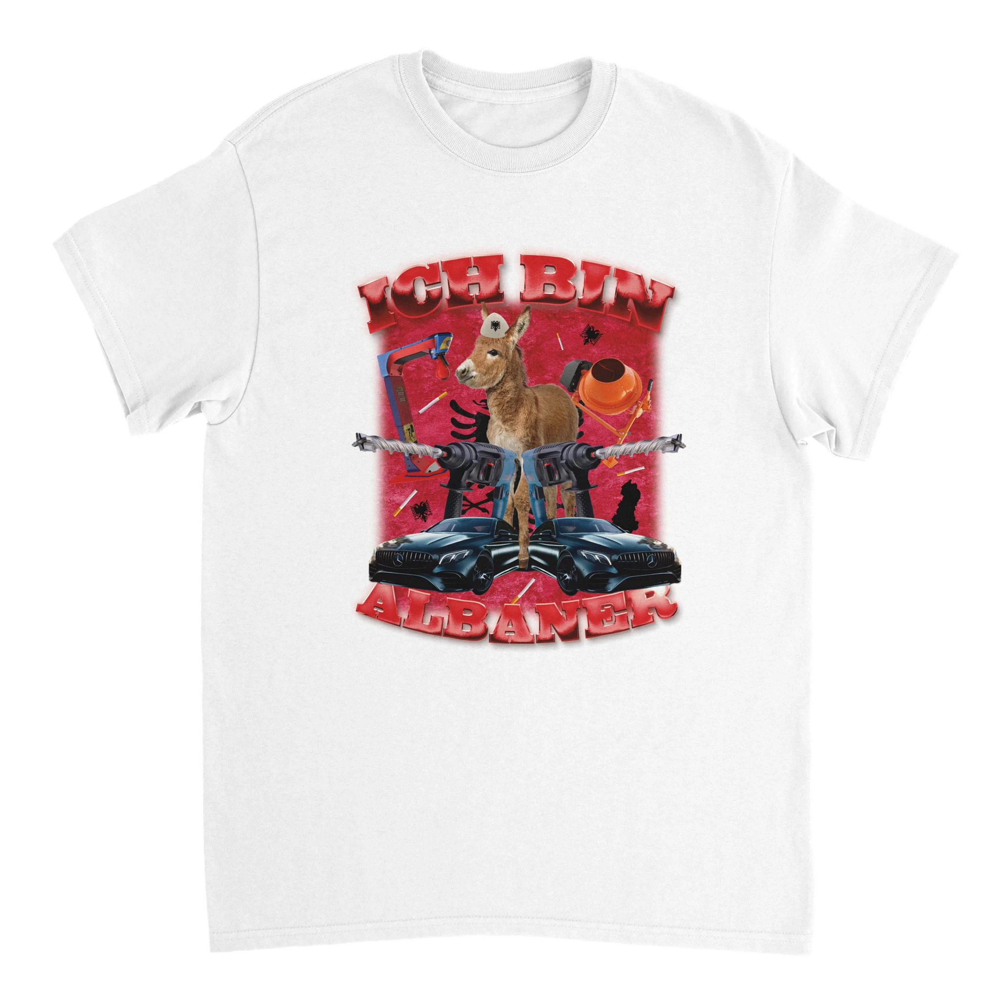 weißes Meme T-Shirt mit der Aufschrift Ich bin Albaner und zwei Mercedesen sowie einem Esel