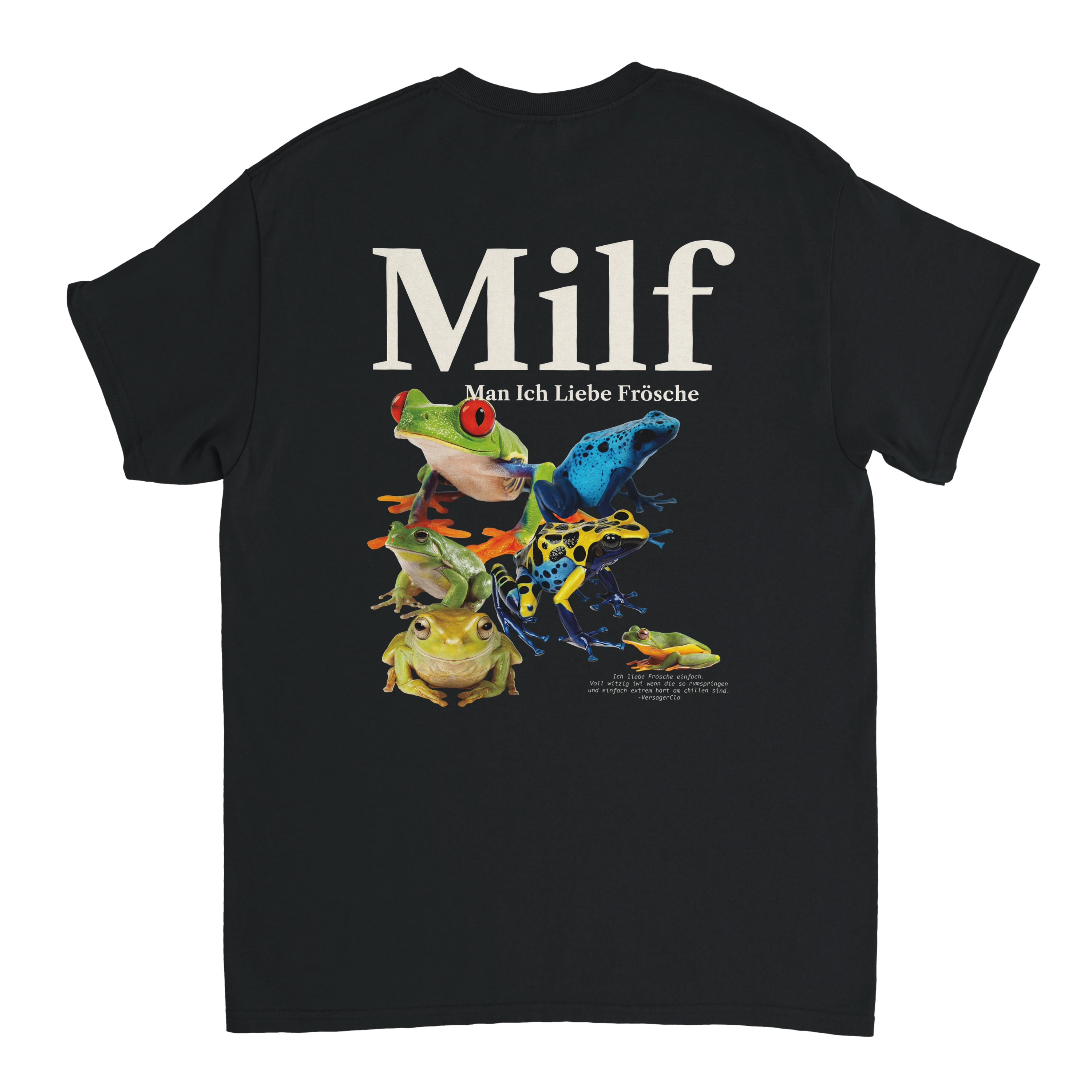 Produktbild schwarzes T-Shirt mit dem Backprint Milf, Man ich liebe Frösche
