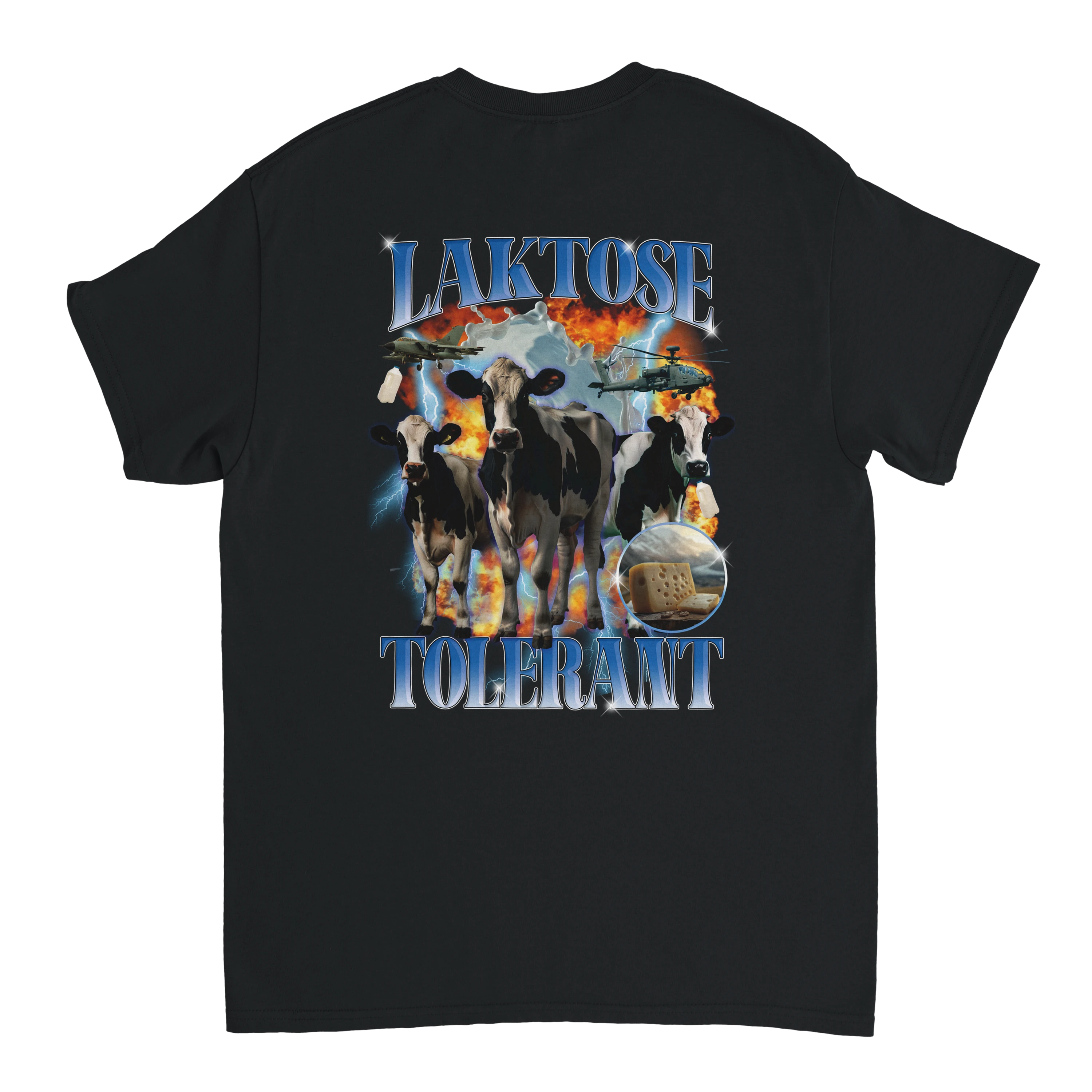 Produktbild schwarzes T-Shirt mit dem Rückendruck Laktose Tolerant