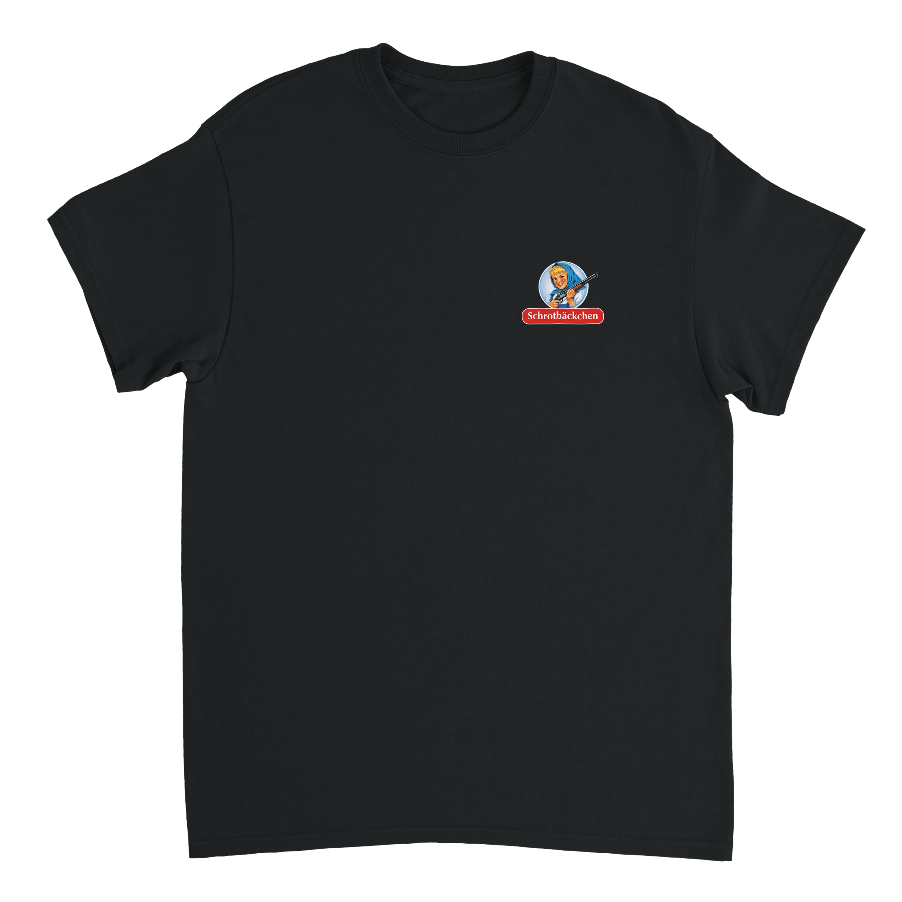 Produktbild schwarzes T-Shirt mit dem Brustdruck Schrotbäckchen