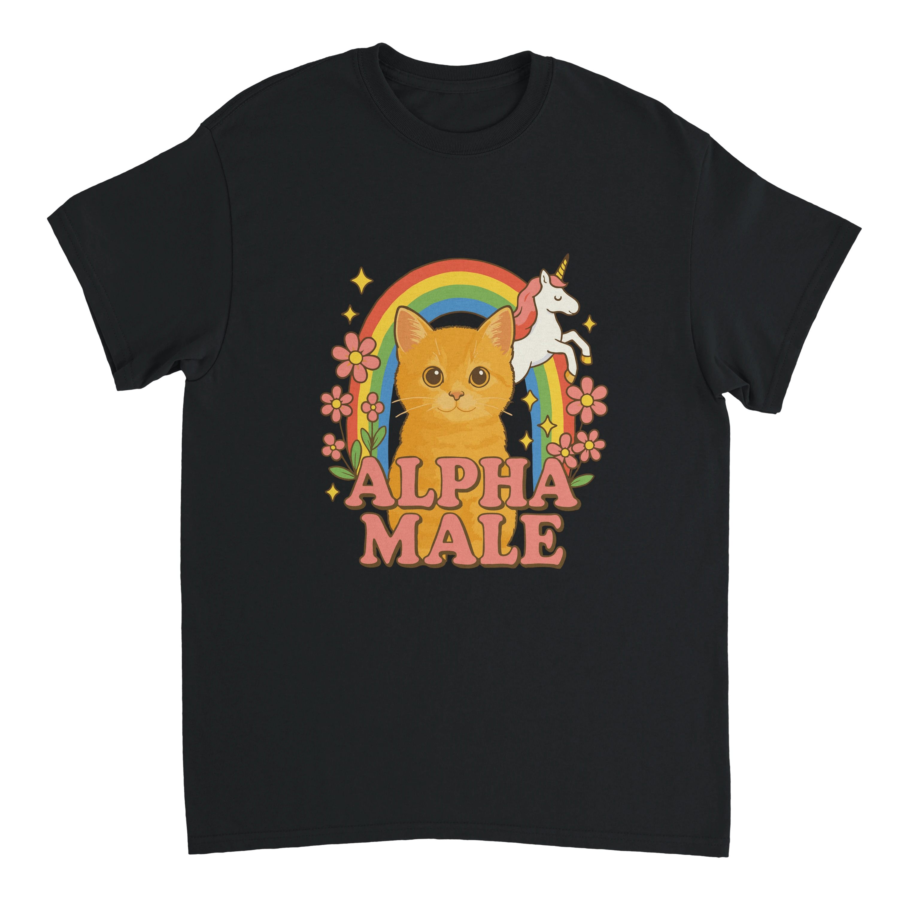 Produktbild schwarzes T-Shirt auf dem Alpha Male steht mit einer Katze und einem Einhorn