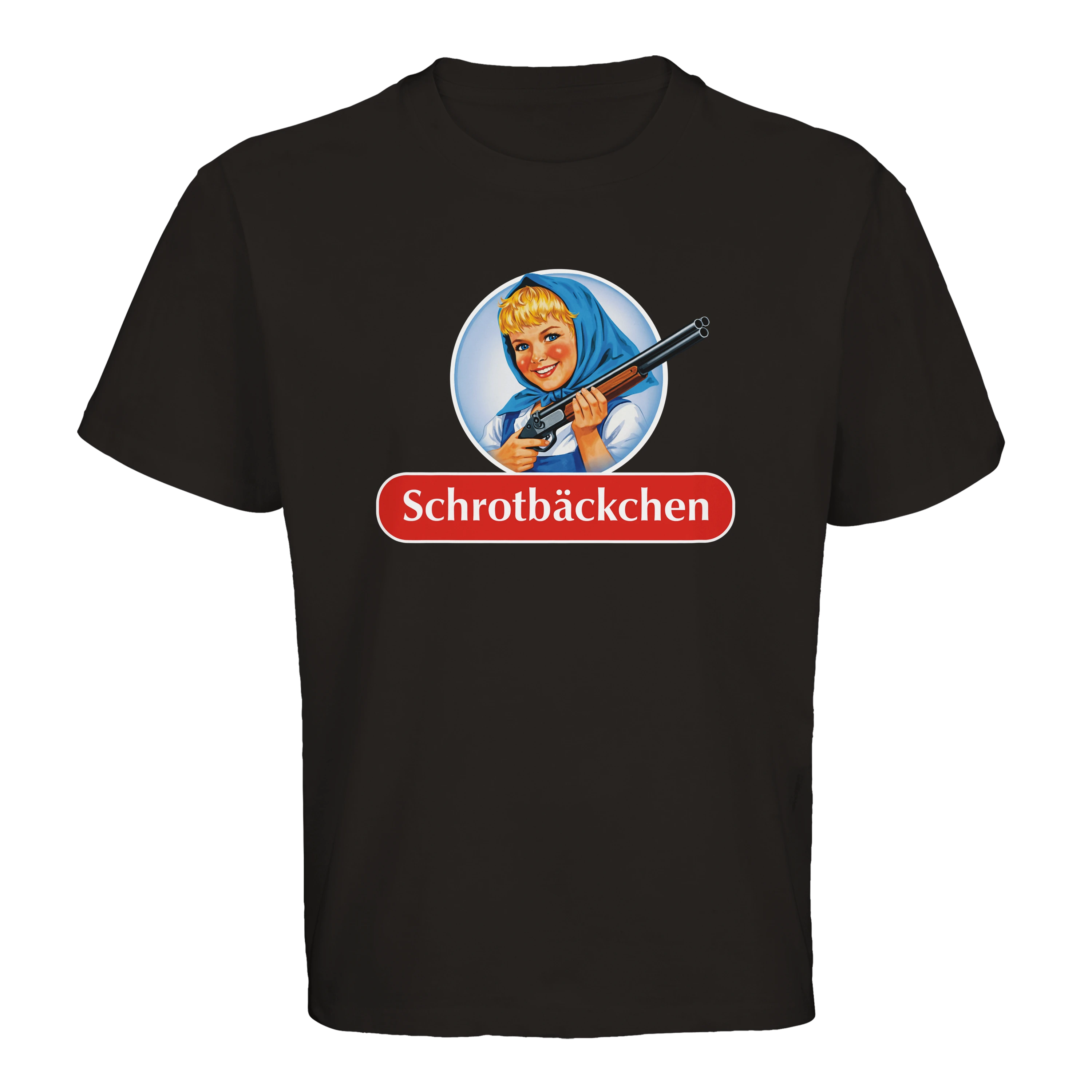 Produktbild von schwarzem T-Shirt mit Schrotbäckchen Logo