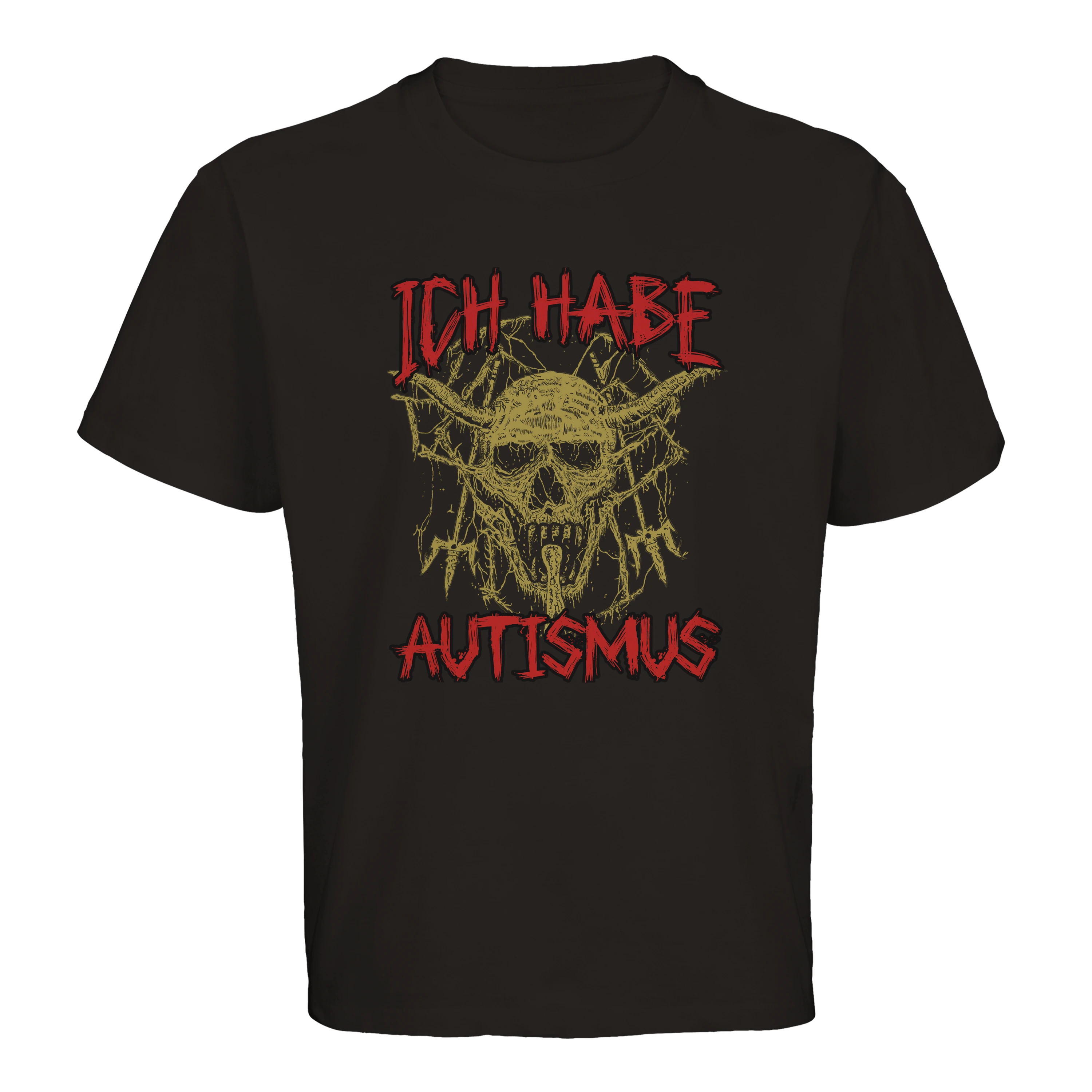 Produktbild von schwarzem Oversized T-Shirt mit der Aufschrift Ich habe Autismus mit einem Totenkopf