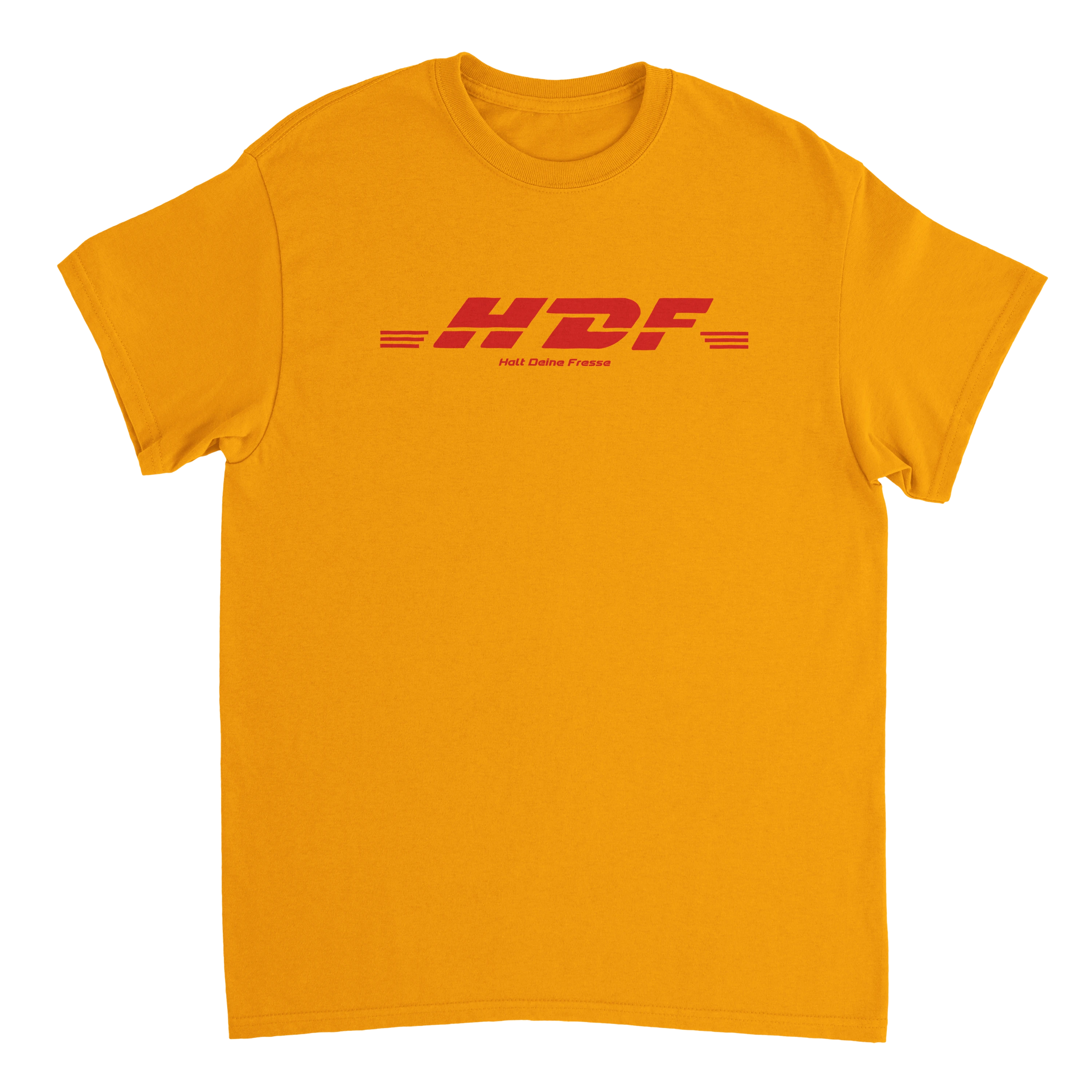 orangenes T-Shirt mit der Aufschrift HDF "Halt Deine Fresse"