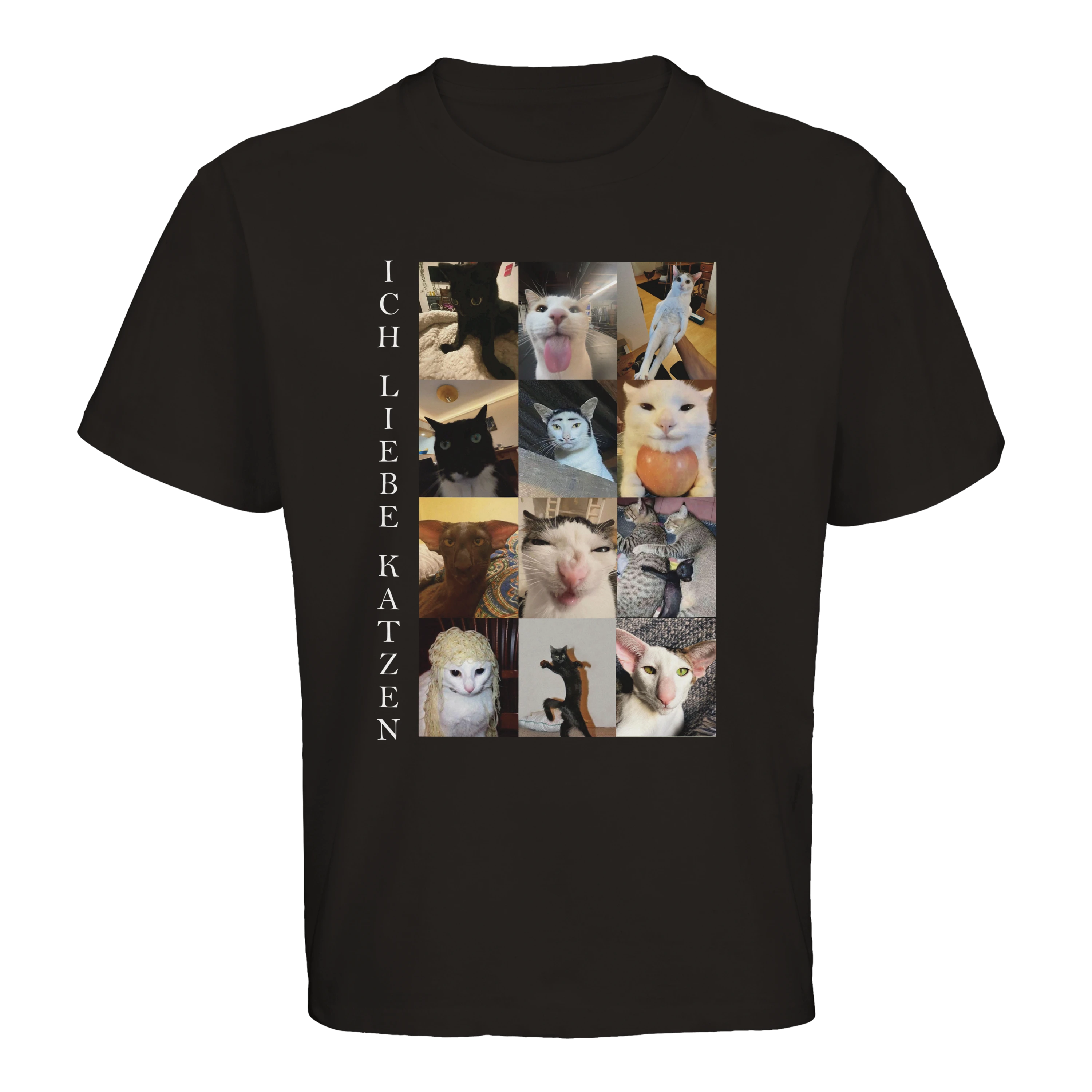 Produktbild von schwarzem Oversized T-Shirt mit der Aufschrift "Ich liebe Katzen" und einer Collage mehrerer Katzen