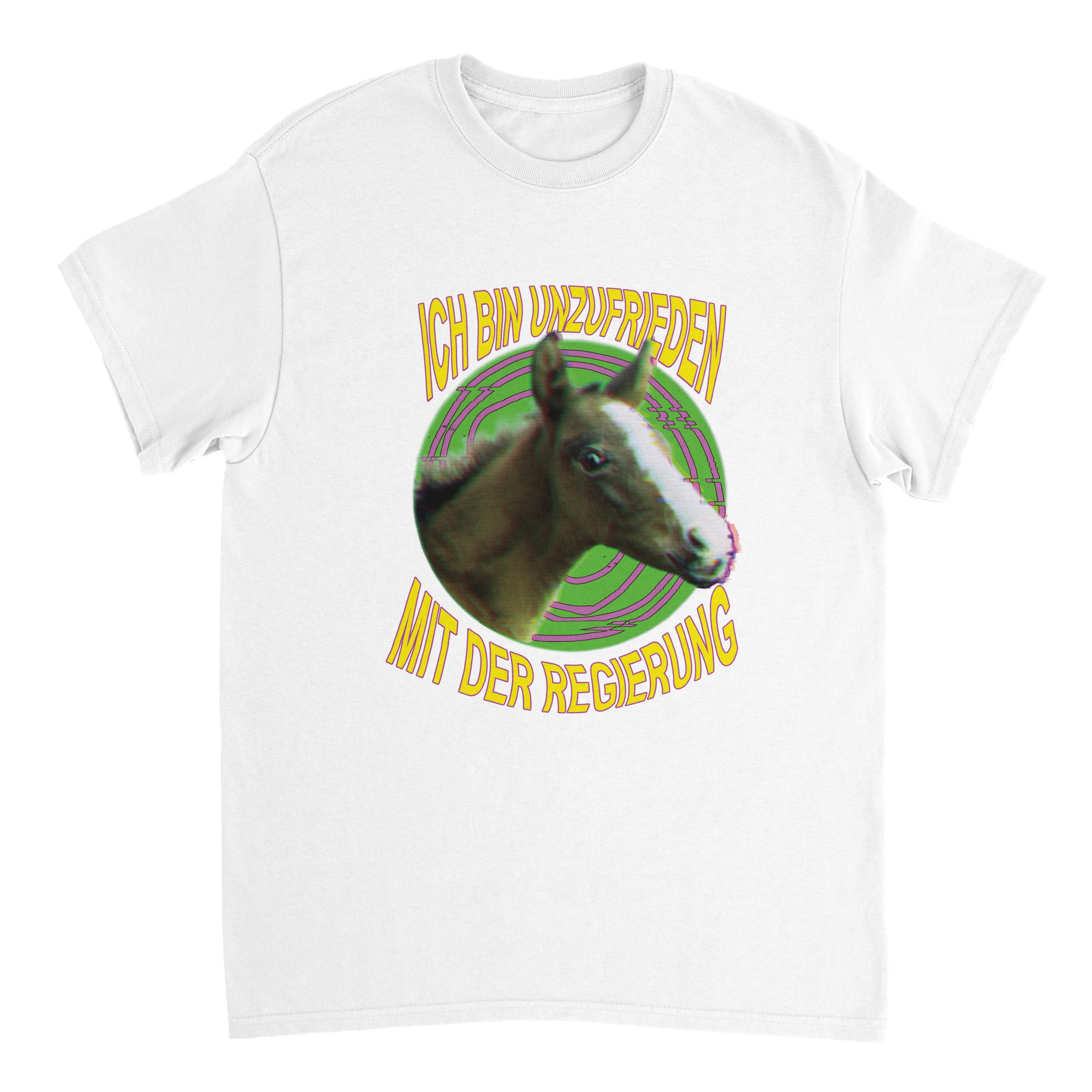 Produktbild weißes T-Shirt mit der Aufschrift Ich bin unzufrieden mit der Regierung