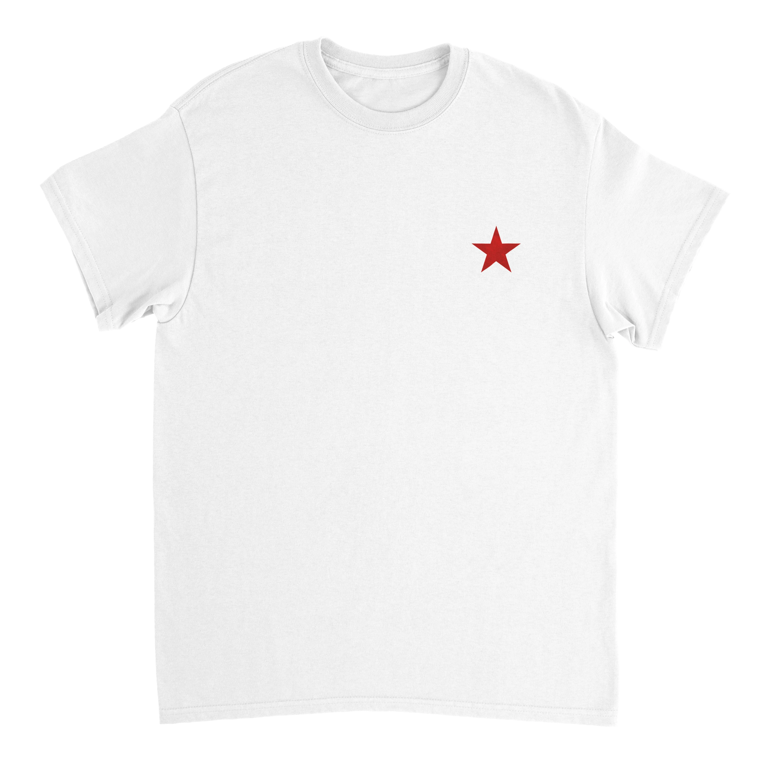 Produktbild weißes T-Shirt mit dem Brustdruck eines roten Sternes