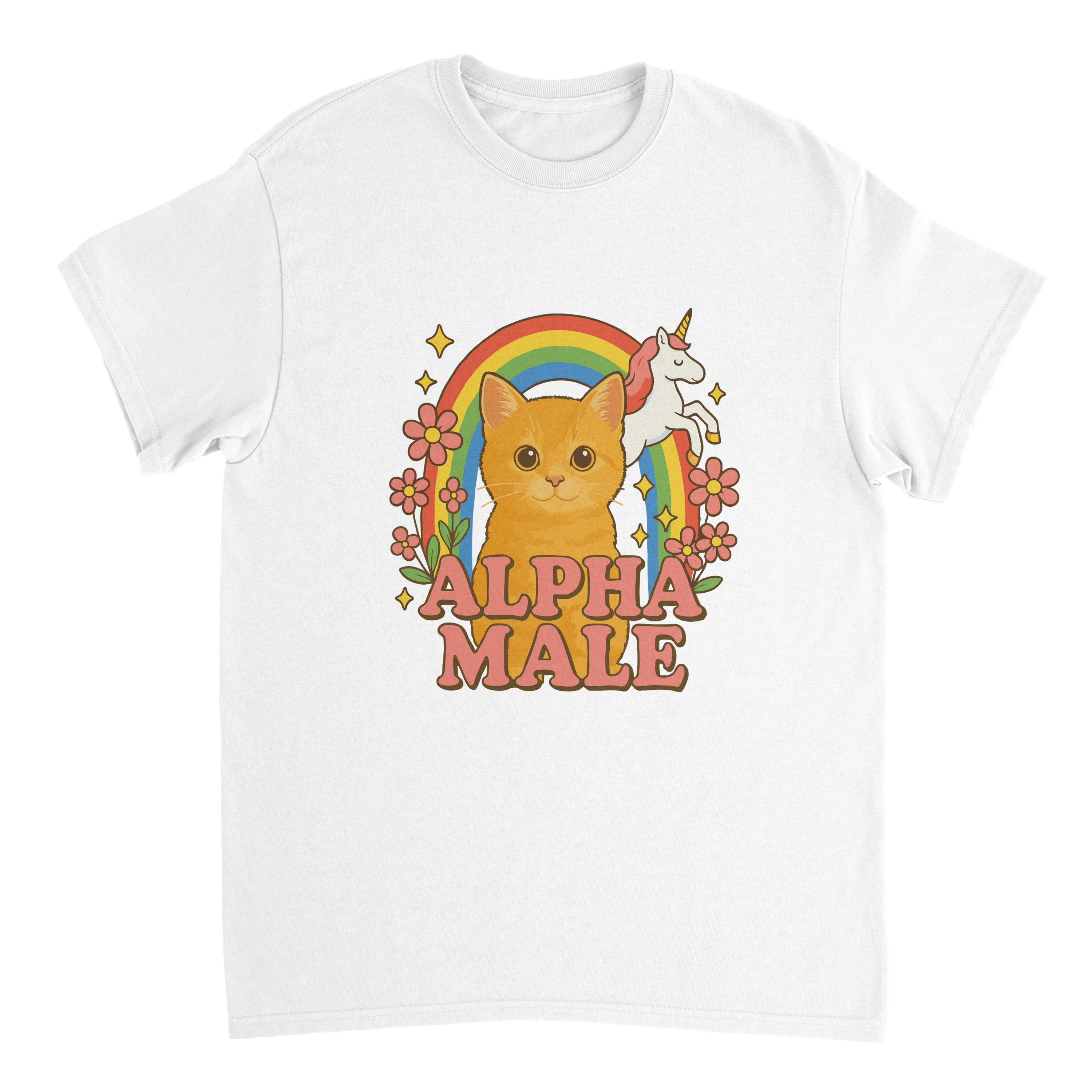 Produktbild weißes T-Shirt auf dem Alpha Male steht mit einer Katze und einem Einhorn
