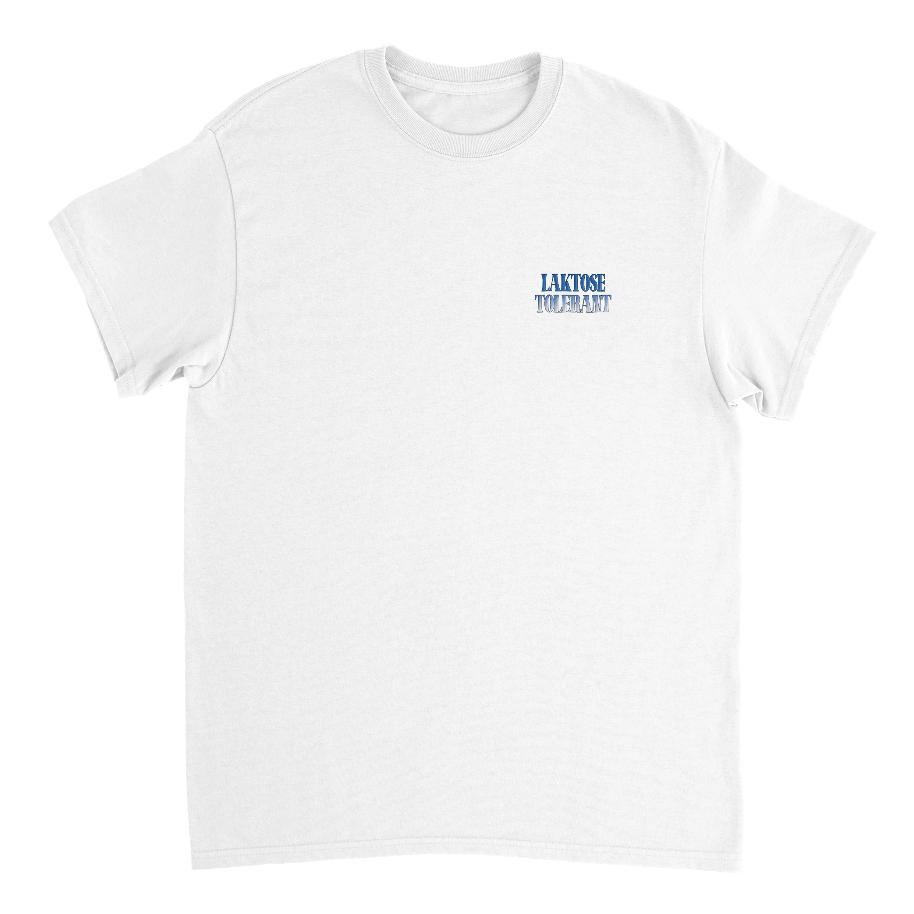 Produktbild weißes T-Shirt mit dem Brustdruck Laktose Tolerant