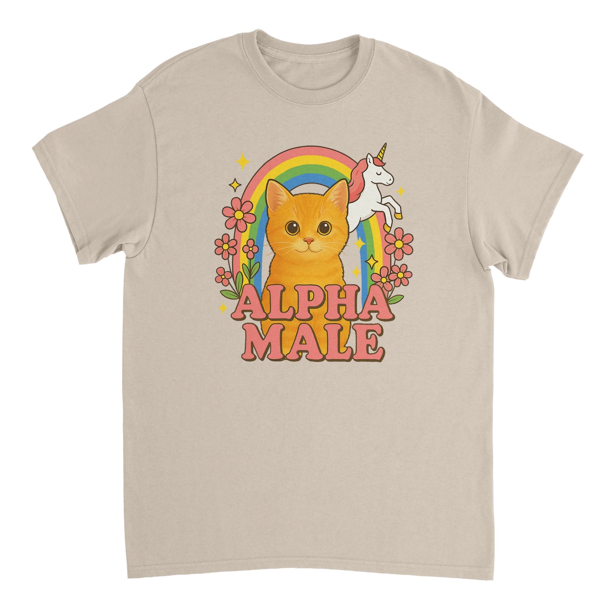 Alpha Male Meme T-Shirt mit einer Katze und einem Einhorn vor einem Regenbogen in sandfarben
