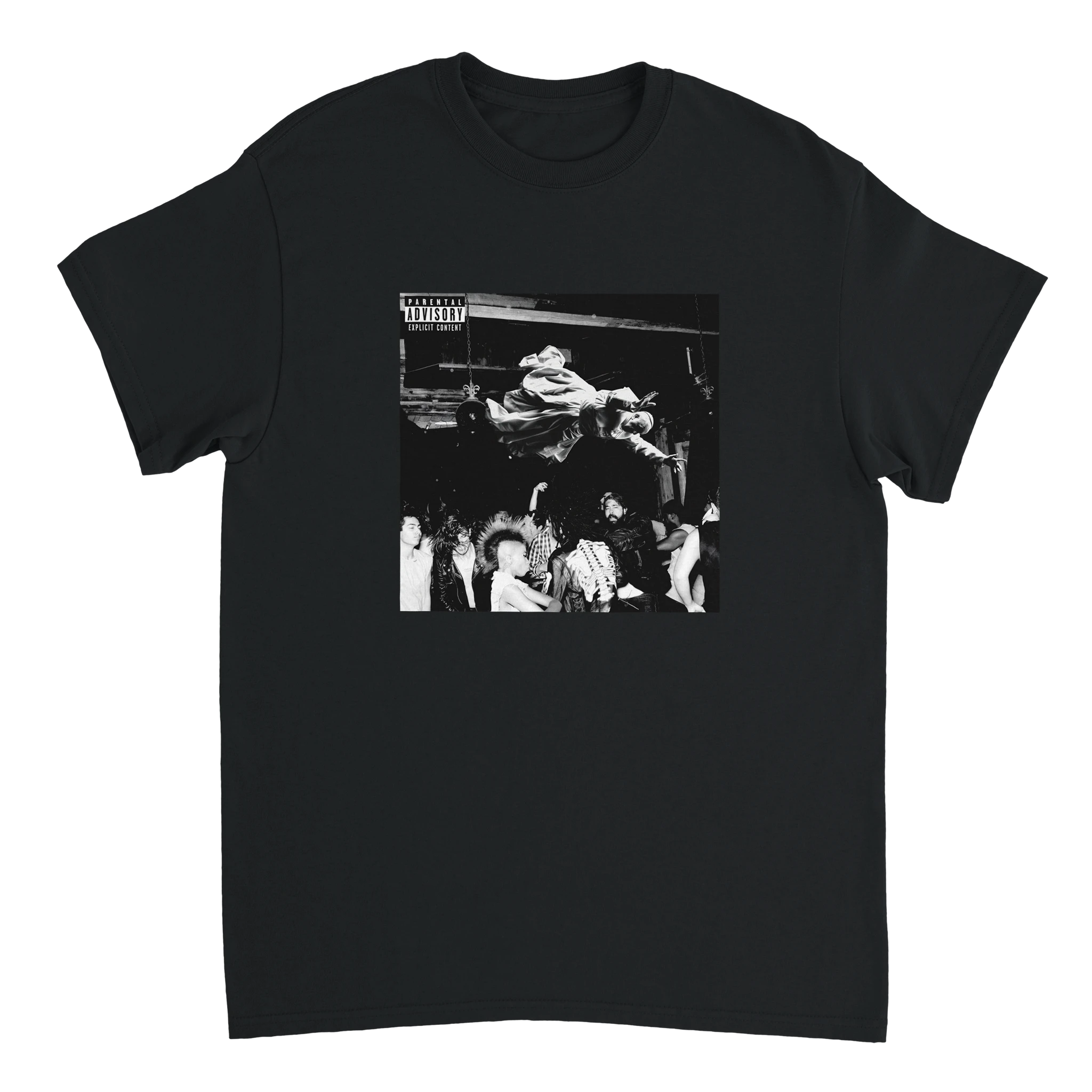 schwarzes T-Shirt mit einem Foto von Papst Franziskus wie er auf dem Album Cover von Die Lit corwdsurfed