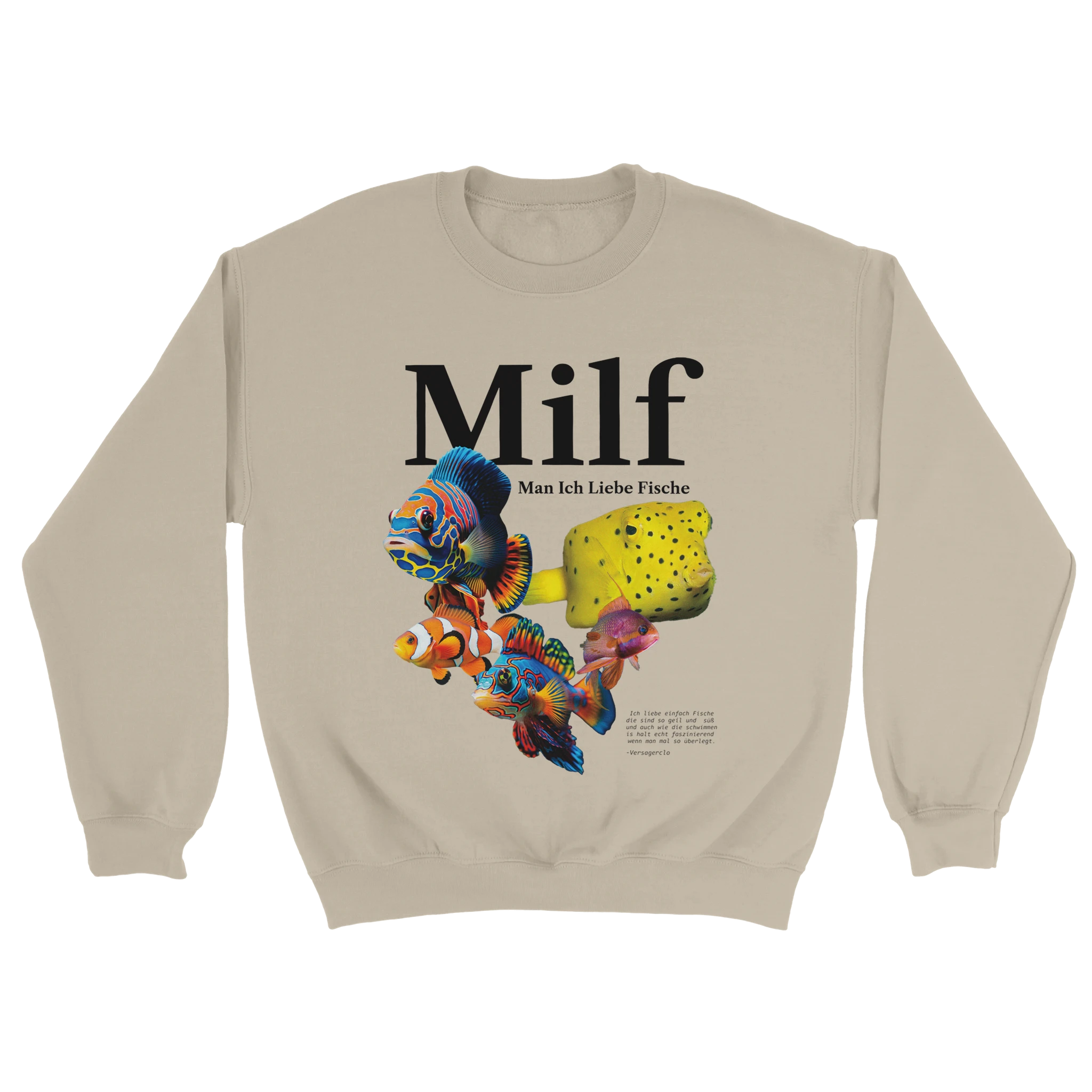 sandfarbener Sweater mit der Aufschrift MILF man ich liebe Fische und vielen Fischen.