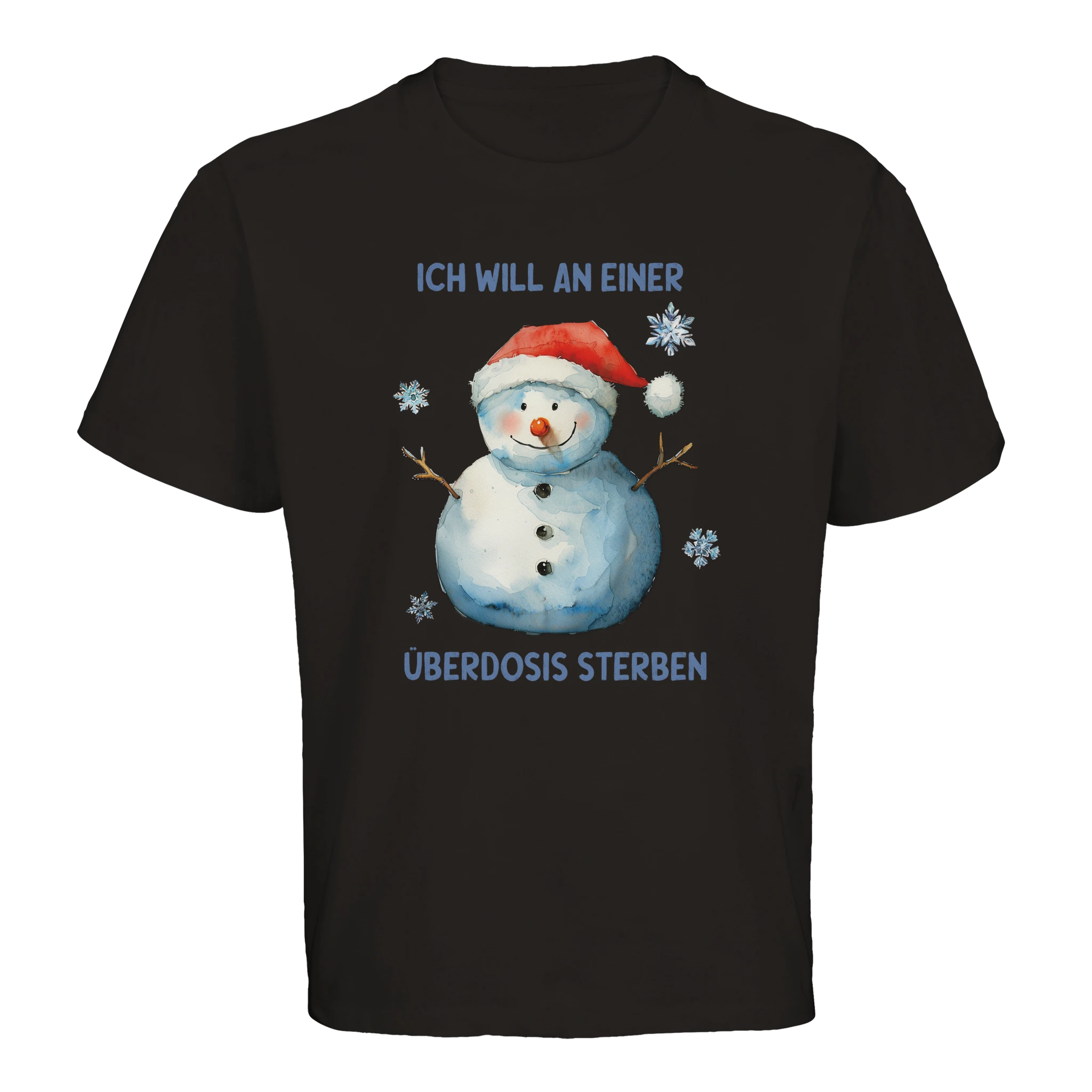 schwarzes Oversized T-Shirt mit einem Schneemann und der Aufschrift Ich will an einer Überdosis sterben T-Shirt