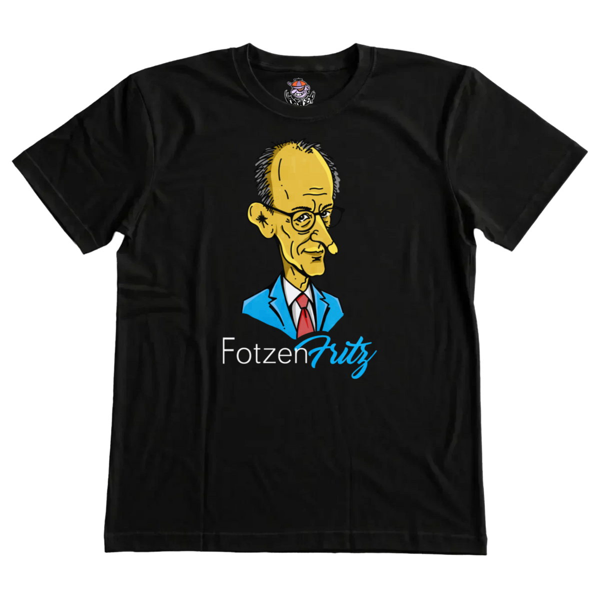 Schwarzes T-Shirt mit Brustprint: gelbe Karikatur eines Mannes mit Brille im blauen Anzug, darunter der Schriftzug „Fotzen