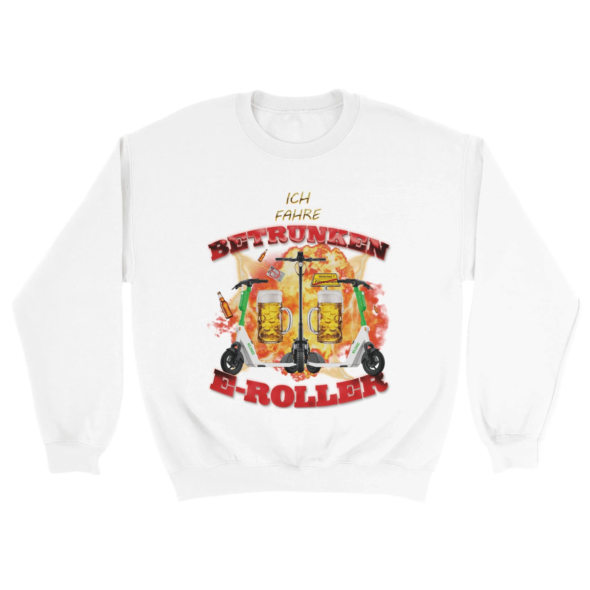 weißer Ich fahre betrunken E-Roller Sweater im 90s Bootleg style